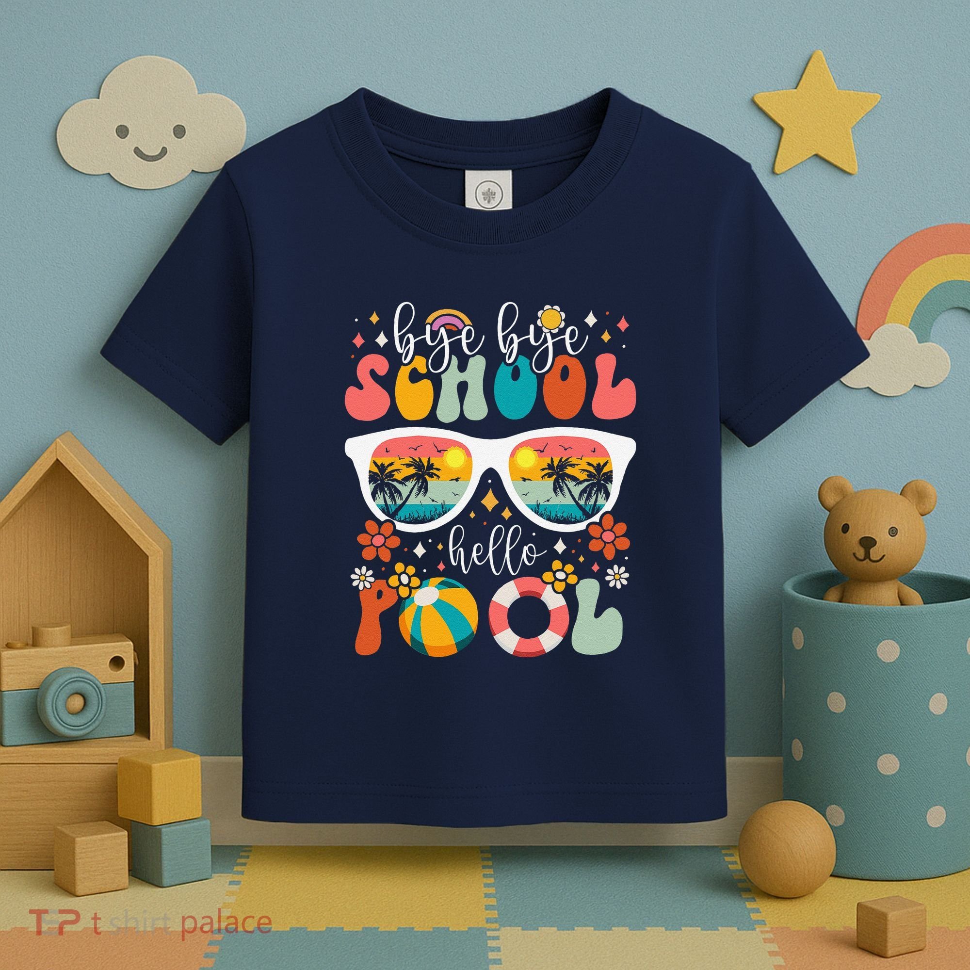 Groovy Bye Bye School Hello Pool Last Day Of School Summer Toddler T-Shirt