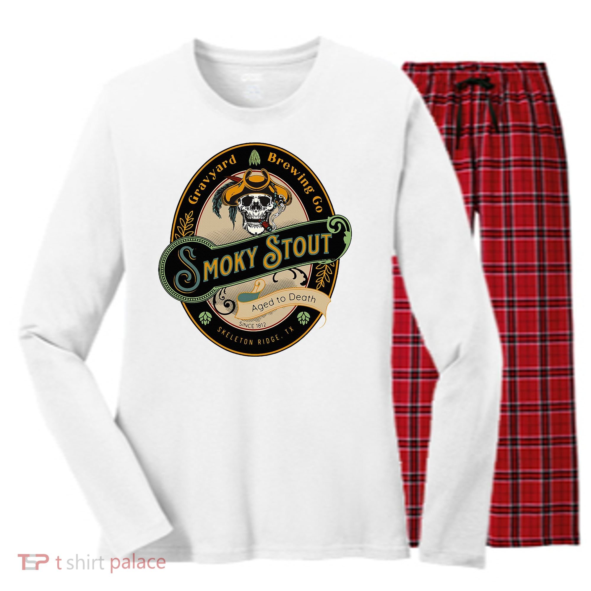 Graveyard Brewery Craft Beer Label Skeleton With Cigar Women's Long Sleeve Flannel Pajama Set 