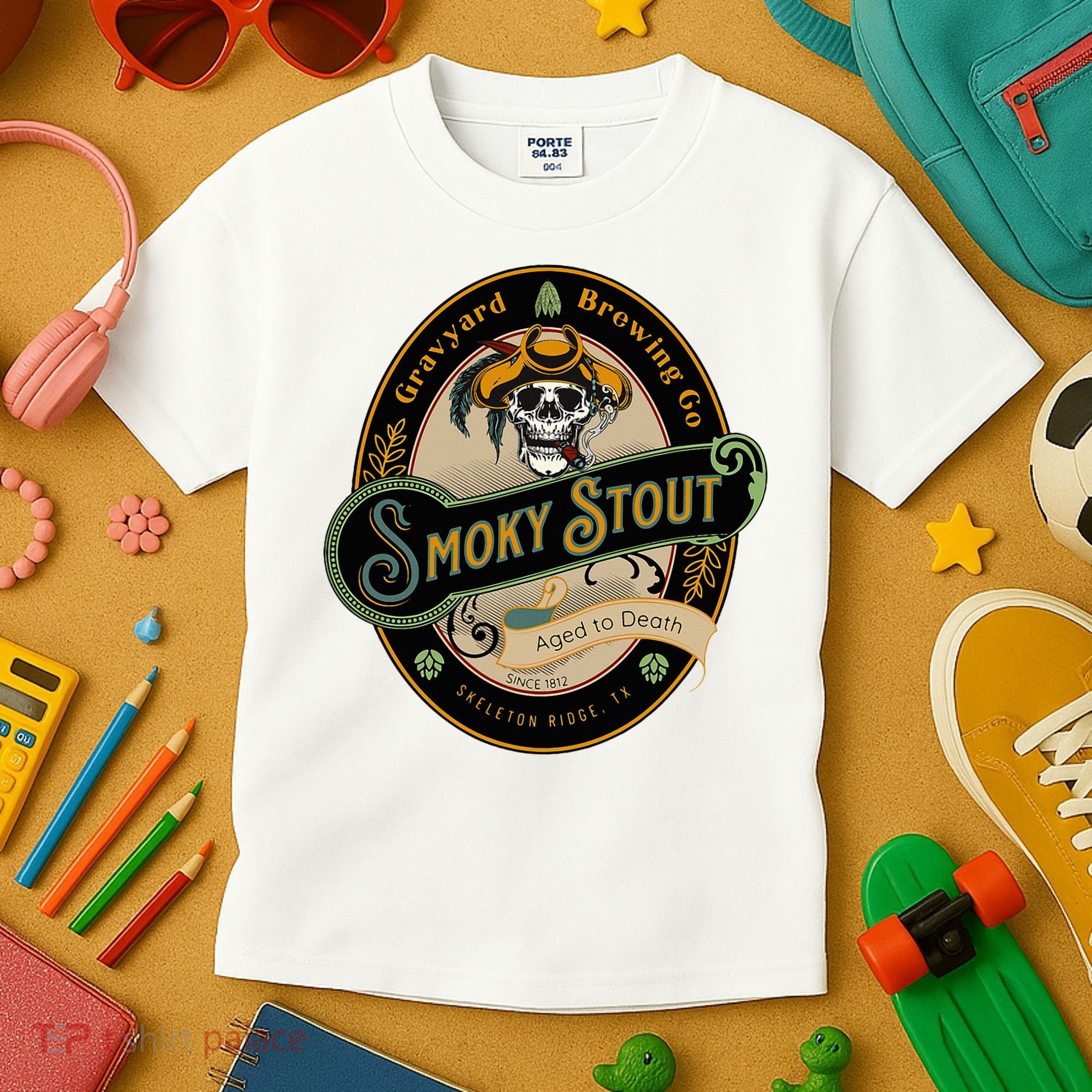 Graveyard Brewery Craft Beer Label Skeleton With Cigar Kids T-Shirt