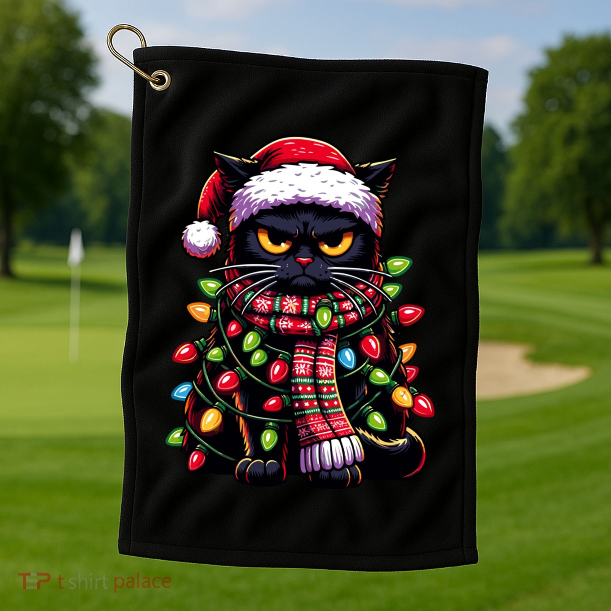Grumpy Black Cat Meowy Xmas Christmas Outfit Cat Dad Cat Mom Meaningful Gift Golf Towel