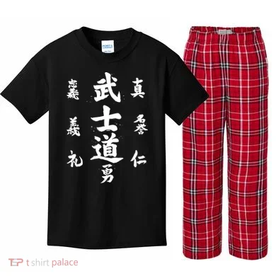 Graphic Bushido Code Novelty Samurai Code Calligraphy Kids Plaid Pajama Set