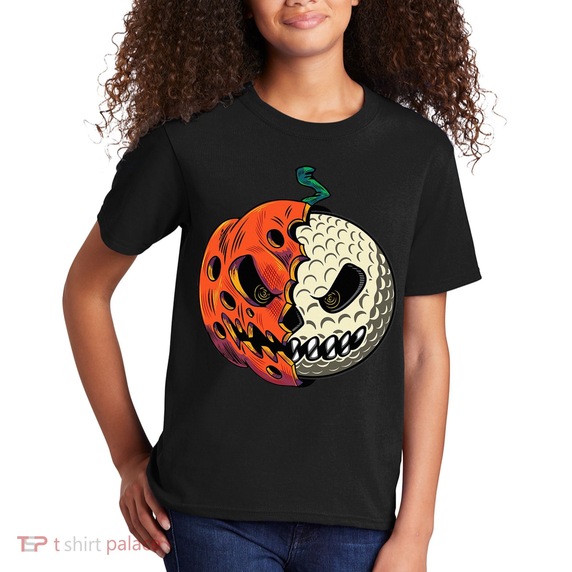 Golf Ball Costume Pumpkin Skull Halloween Golf Player Kids T-Shirt