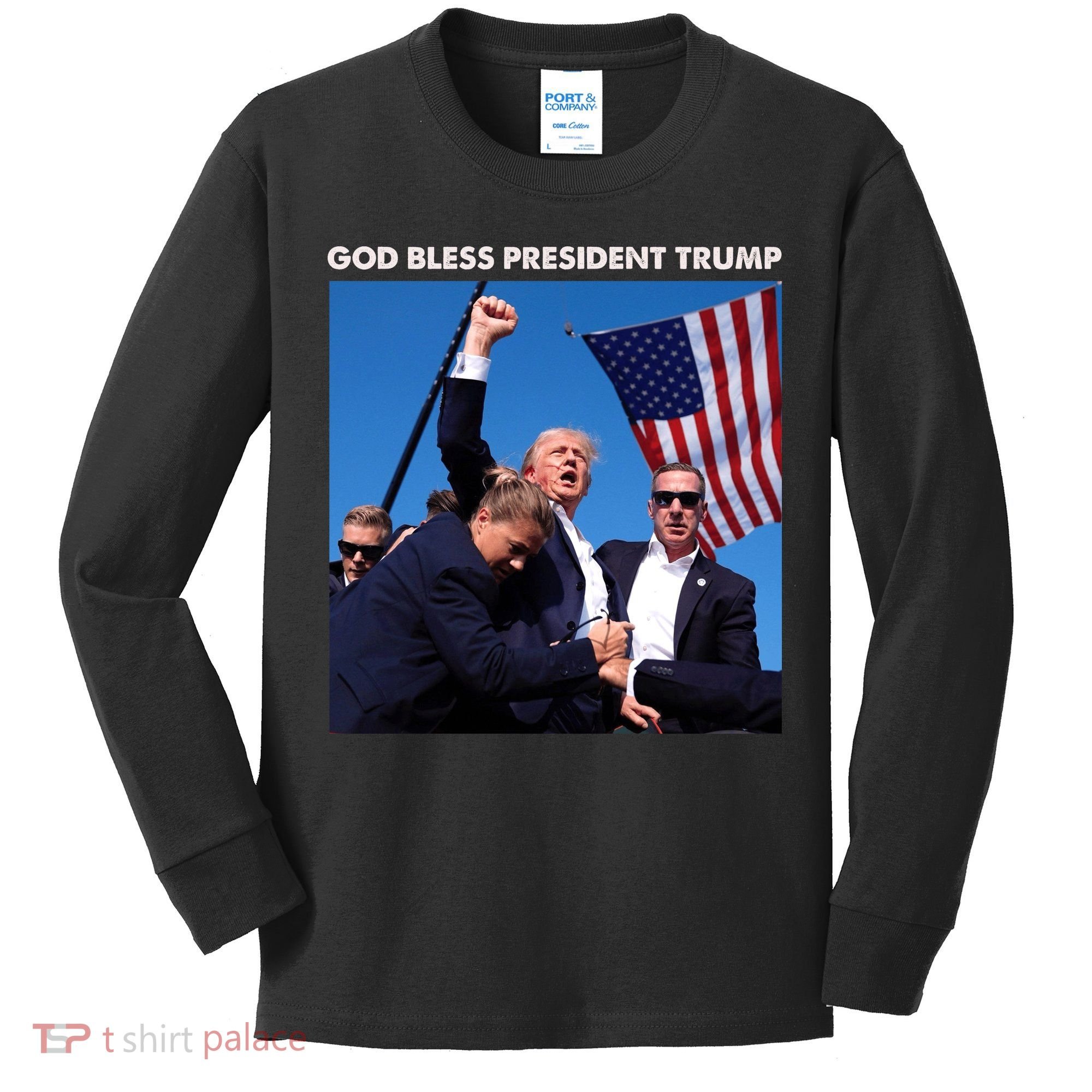 God Bless Donald Trump Survived Shot At Election Rally Kids Long Sleeve Shirt