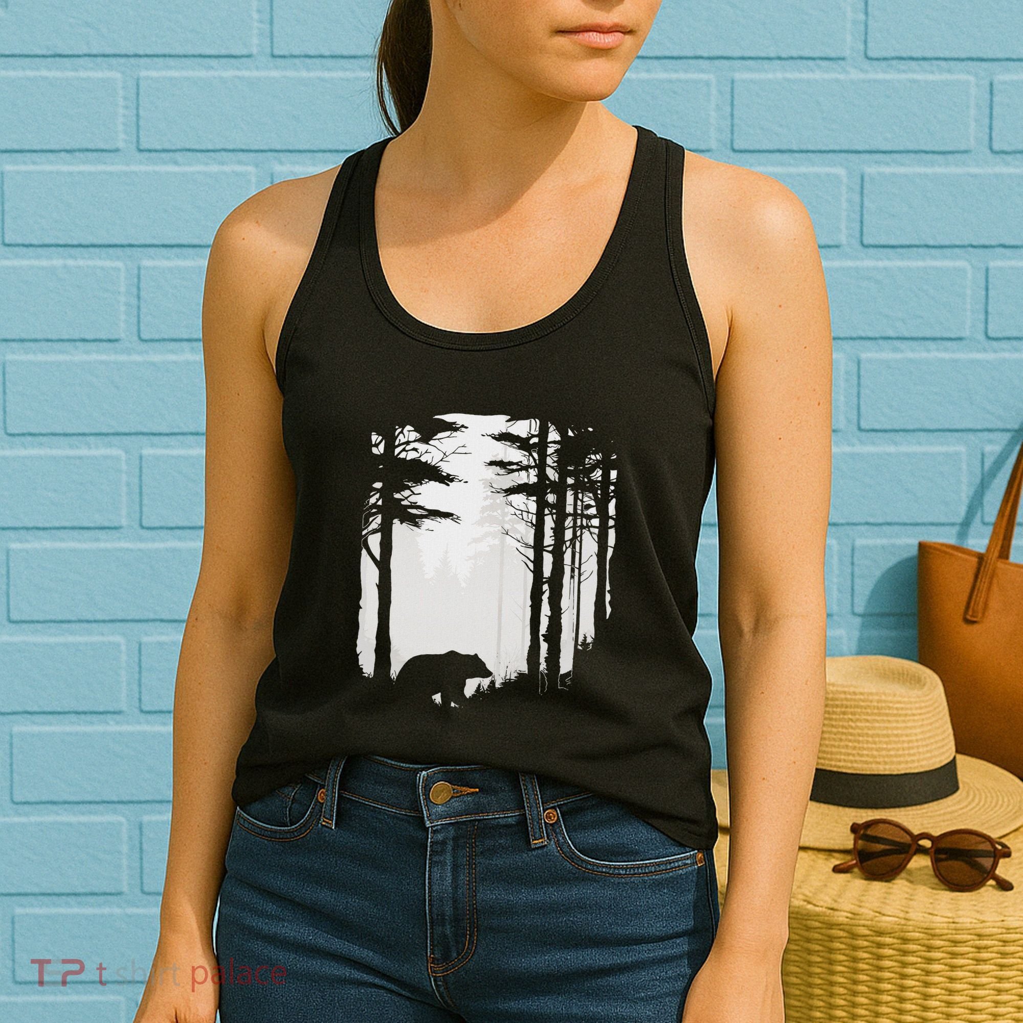 Graphic Bear Forest Wildlife Silhouette Mist Wilderness Women's Tank Top