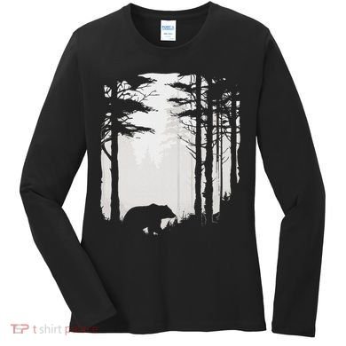 Graphic Bear Forest Wildlife Silhouette Mist Wilderness Women's Long Sleeve Shirt