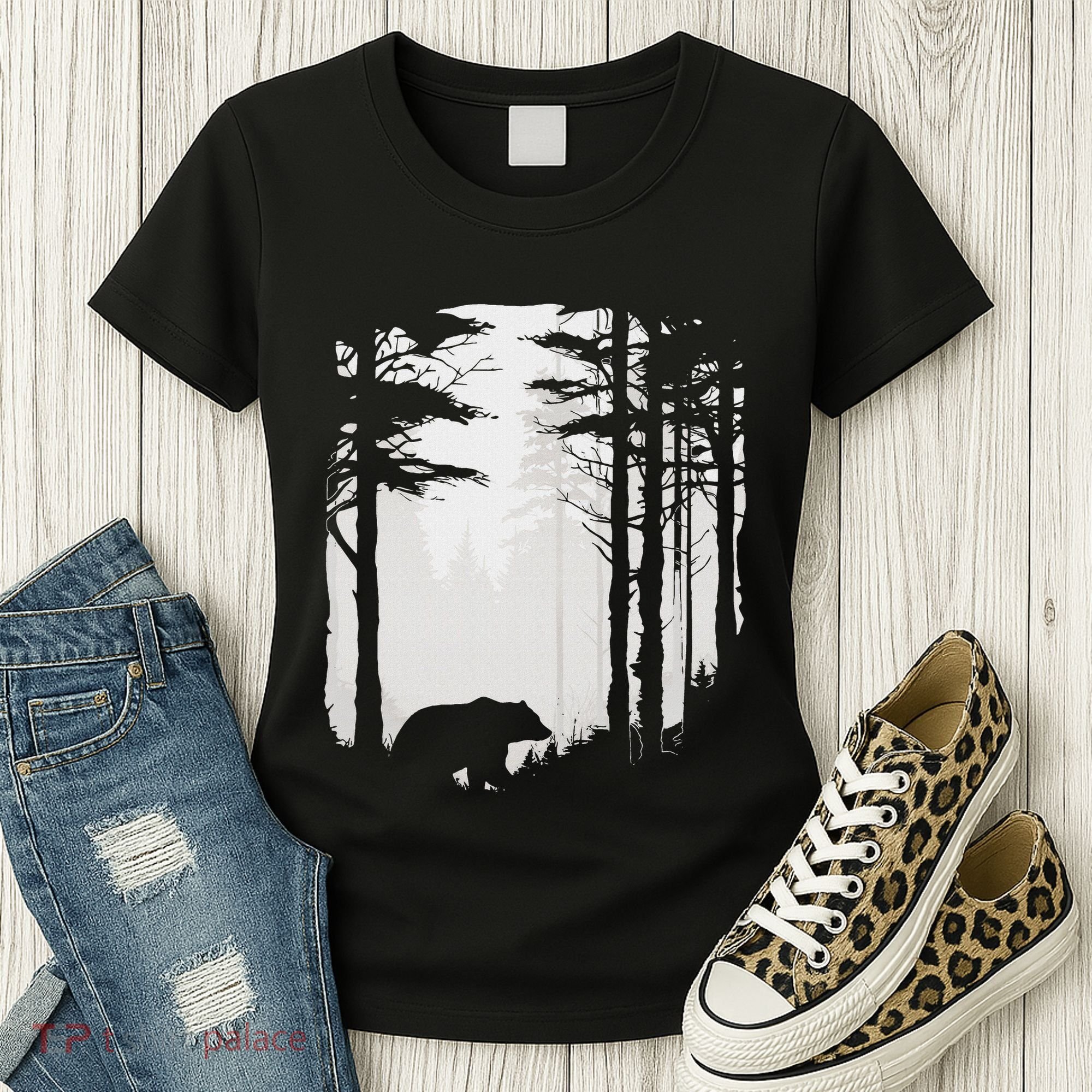 Graphic Bear Forest Wildlife Silhouette Mist Wilderness Women's T-Shirt