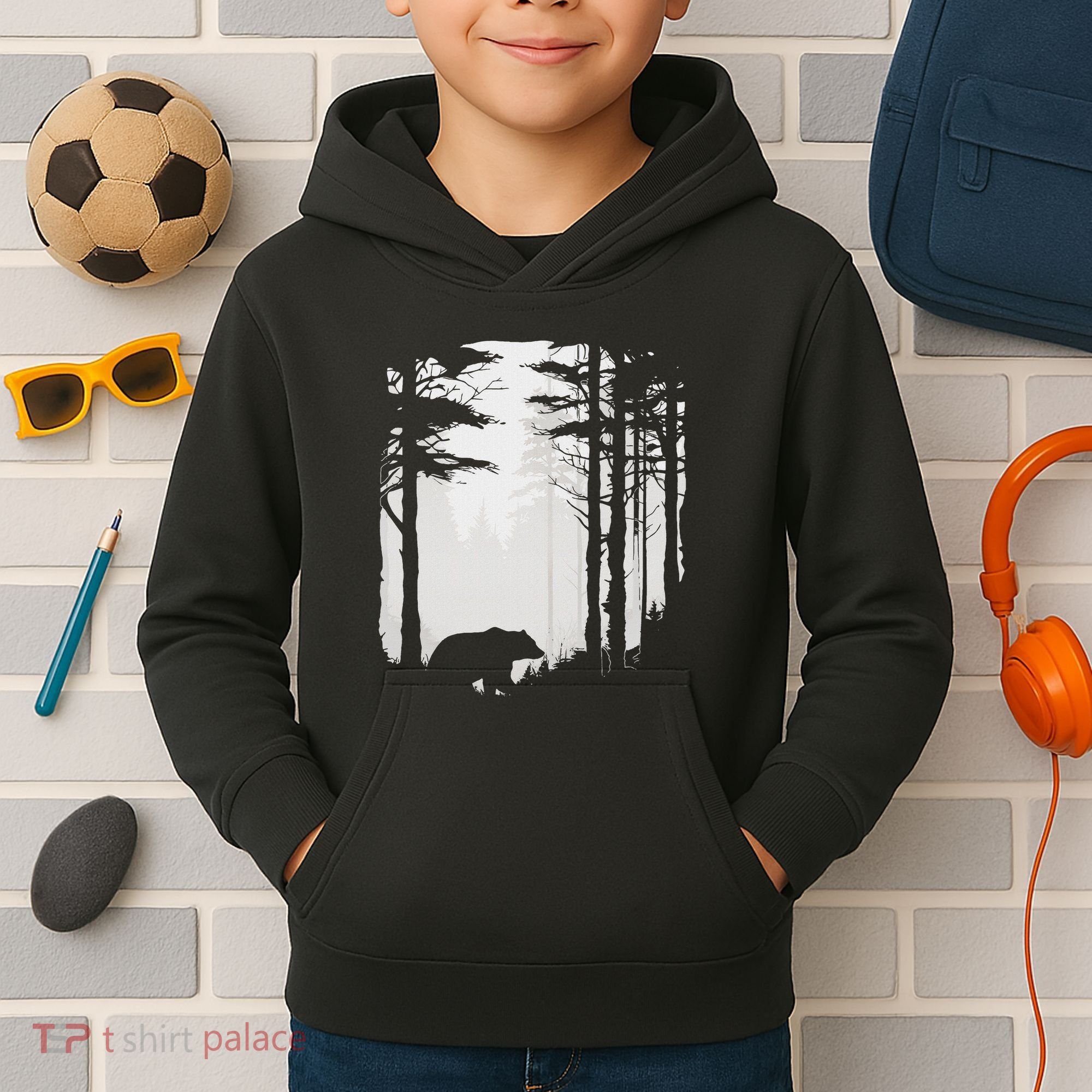 Graphic Bear Forest Wildlife Silhouette Mist Wilderness Kids Hoodie