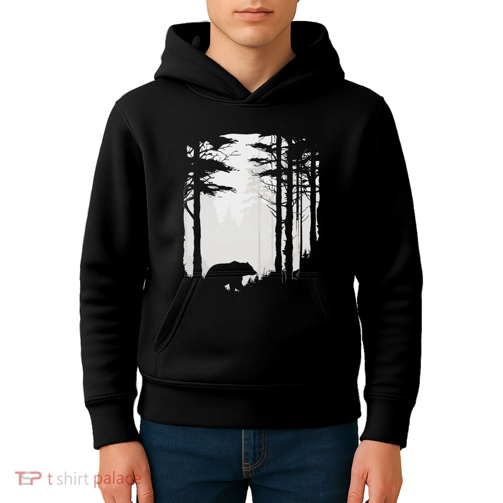 Graphic Bear Forest Wildlife Silhouette Mist Wilderness Kids Hoodie