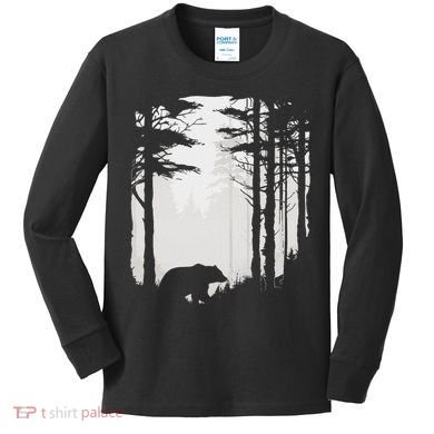 Graphic Bear Forest Wildlife Silhouette Mist Wilderness Kids Long Sleeve Shirt