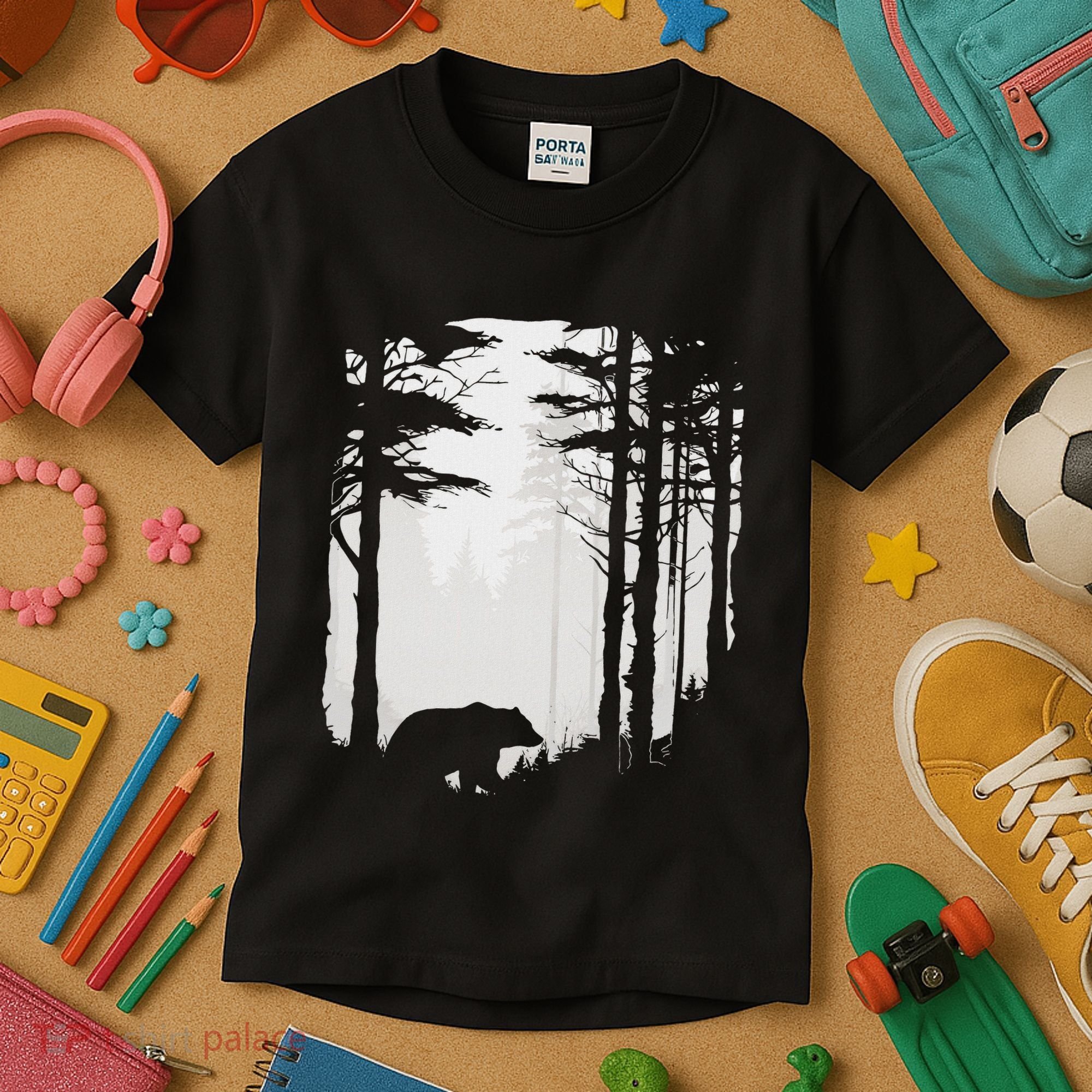 Graphic Bear Forest Wildlife Silhouette Mist Wilderness Kids T-Shirt