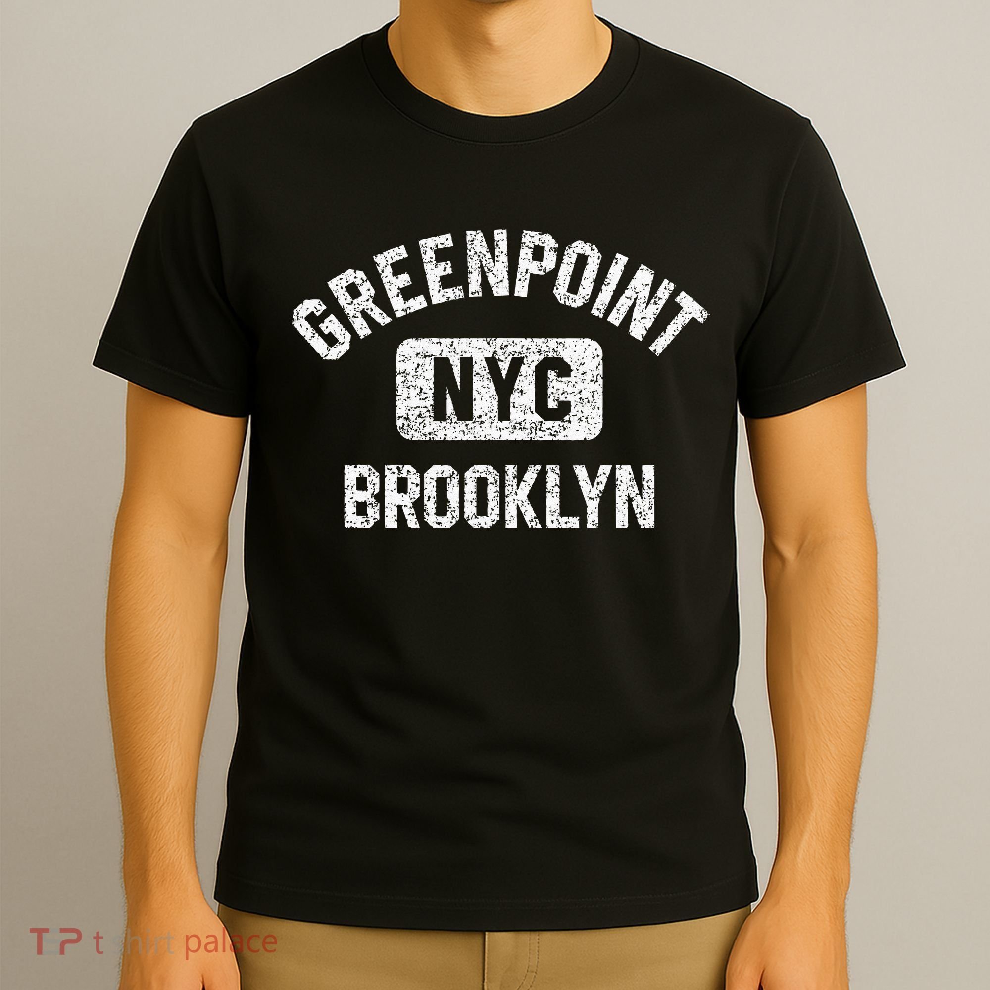 Greenpoint Brooklyn NYC Gym Style Distressed White Print T-Shirt