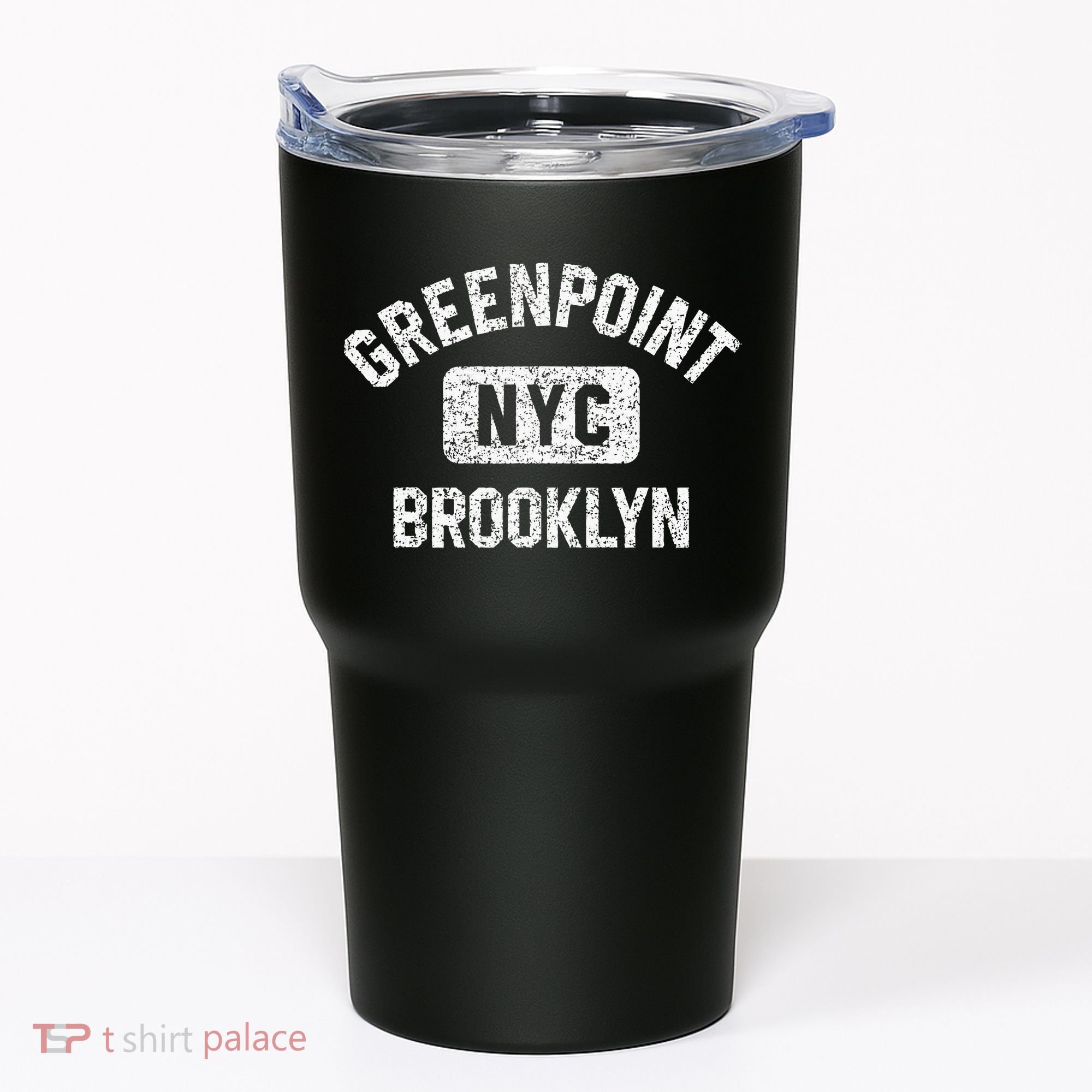 Greenpoint Brooklyn NYC Gym Style Distressed White Print Tumbler