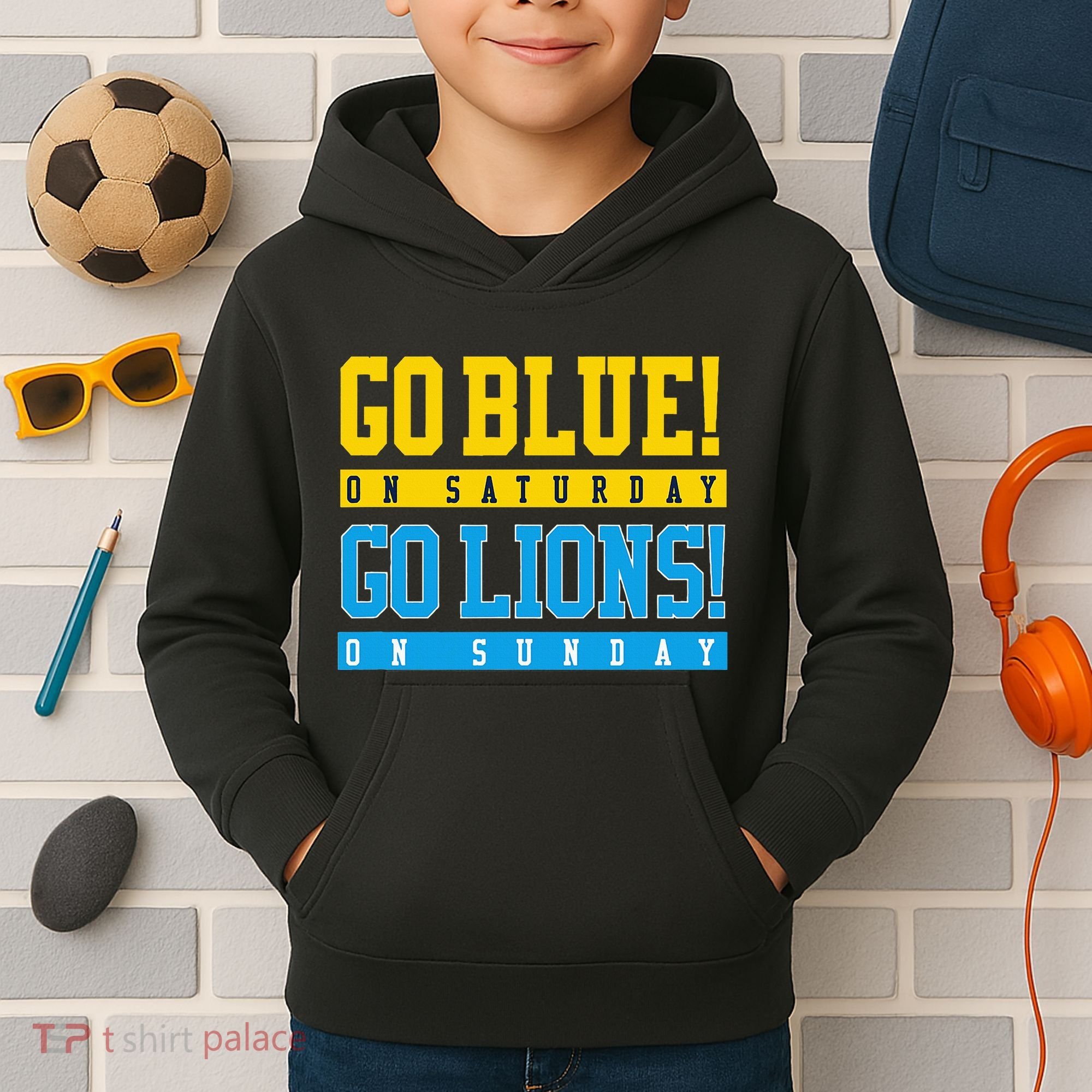Go Blue! On Saturday Go Lions! On Sunday Football Fan Kids Hoodie