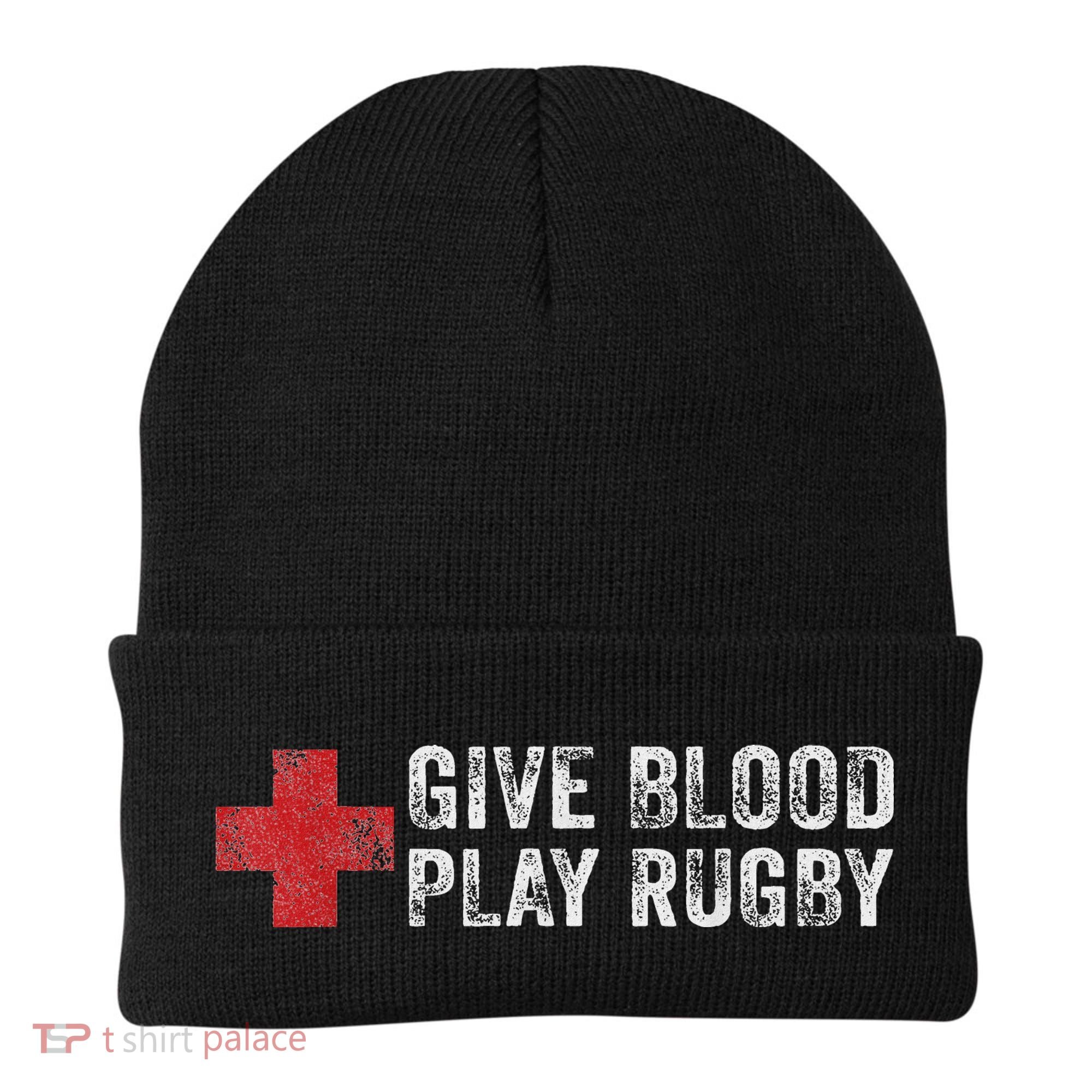 Give Blood Play Rugby Player Funny Rugger League Union Beanie