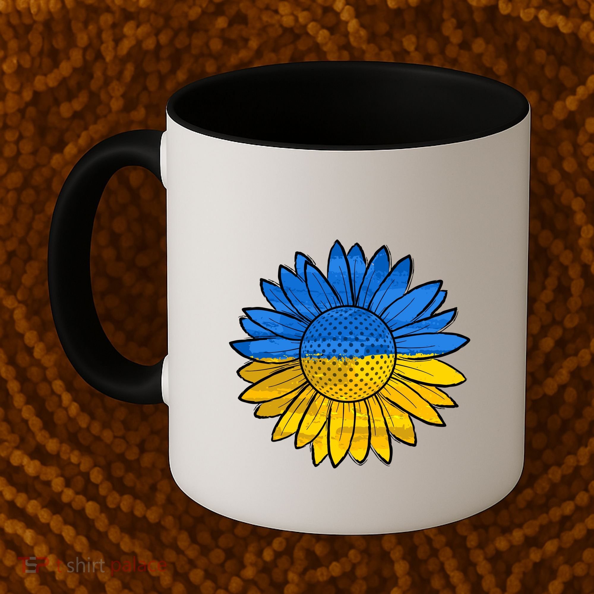 Gold & Blue Sunflower Flag Support Stand With Coffee Mug