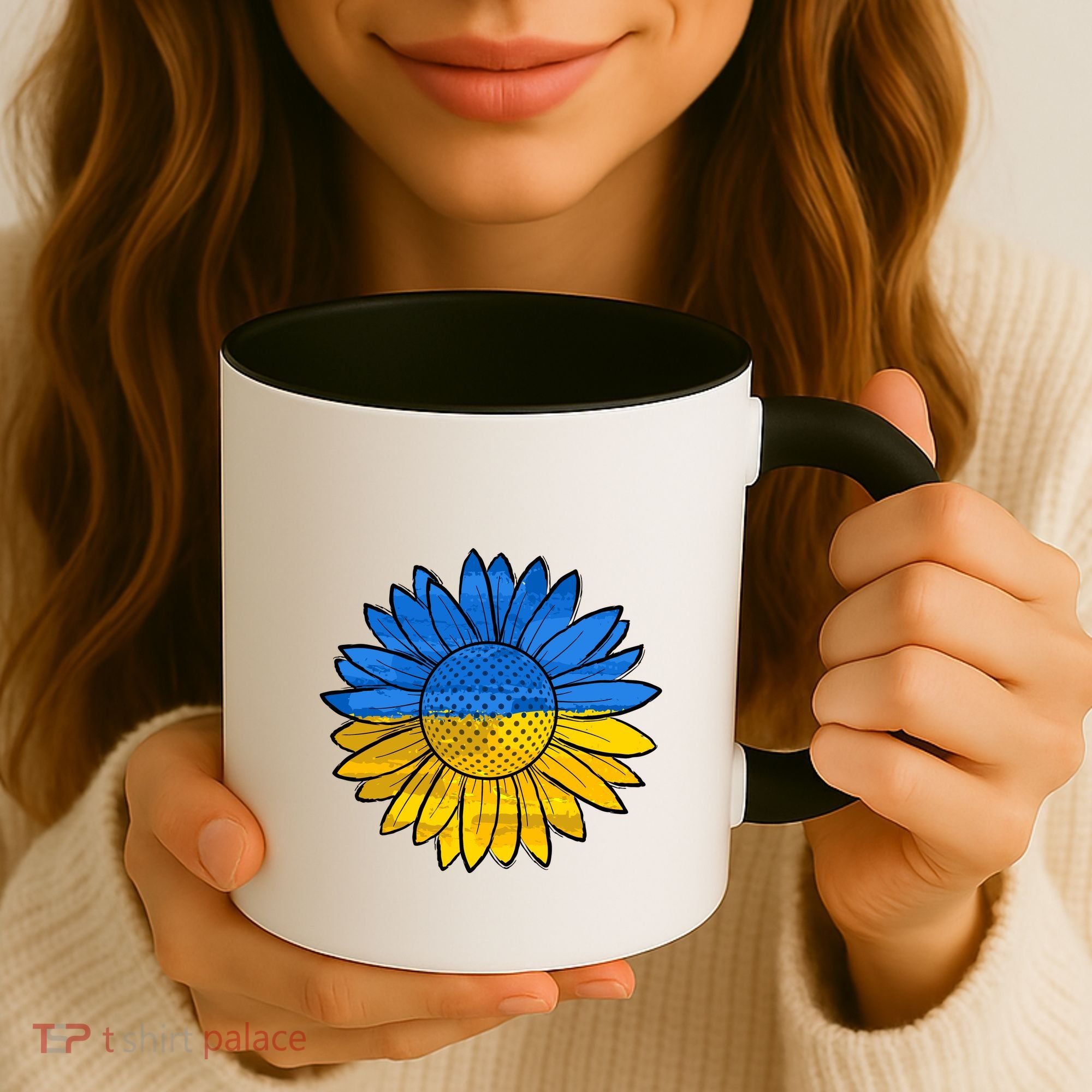 Gold & Blue Sunflower Flag Support Stand With Coffee Mug