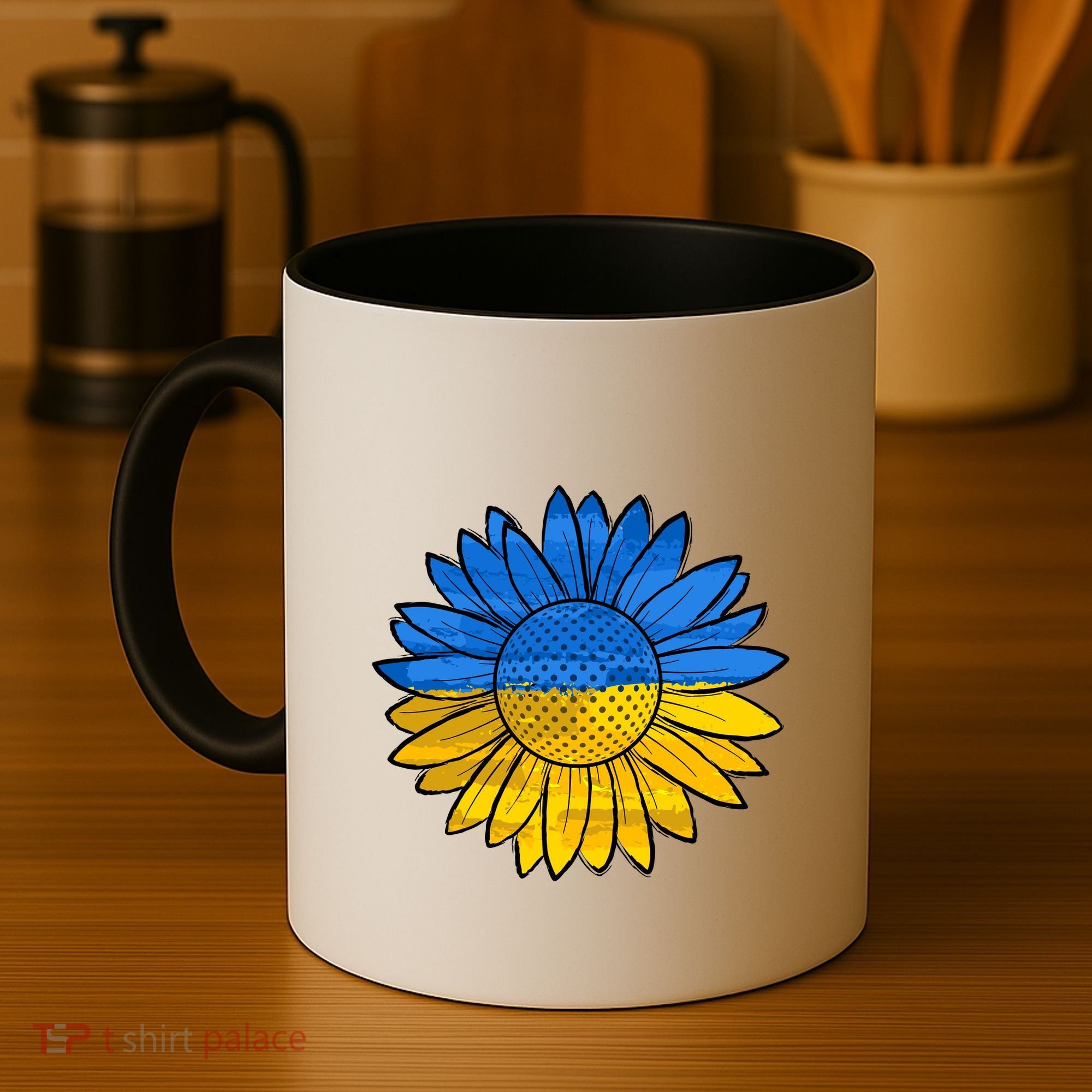 Gold & Blue Sunflower Flag Support Stand With Coffee Mug