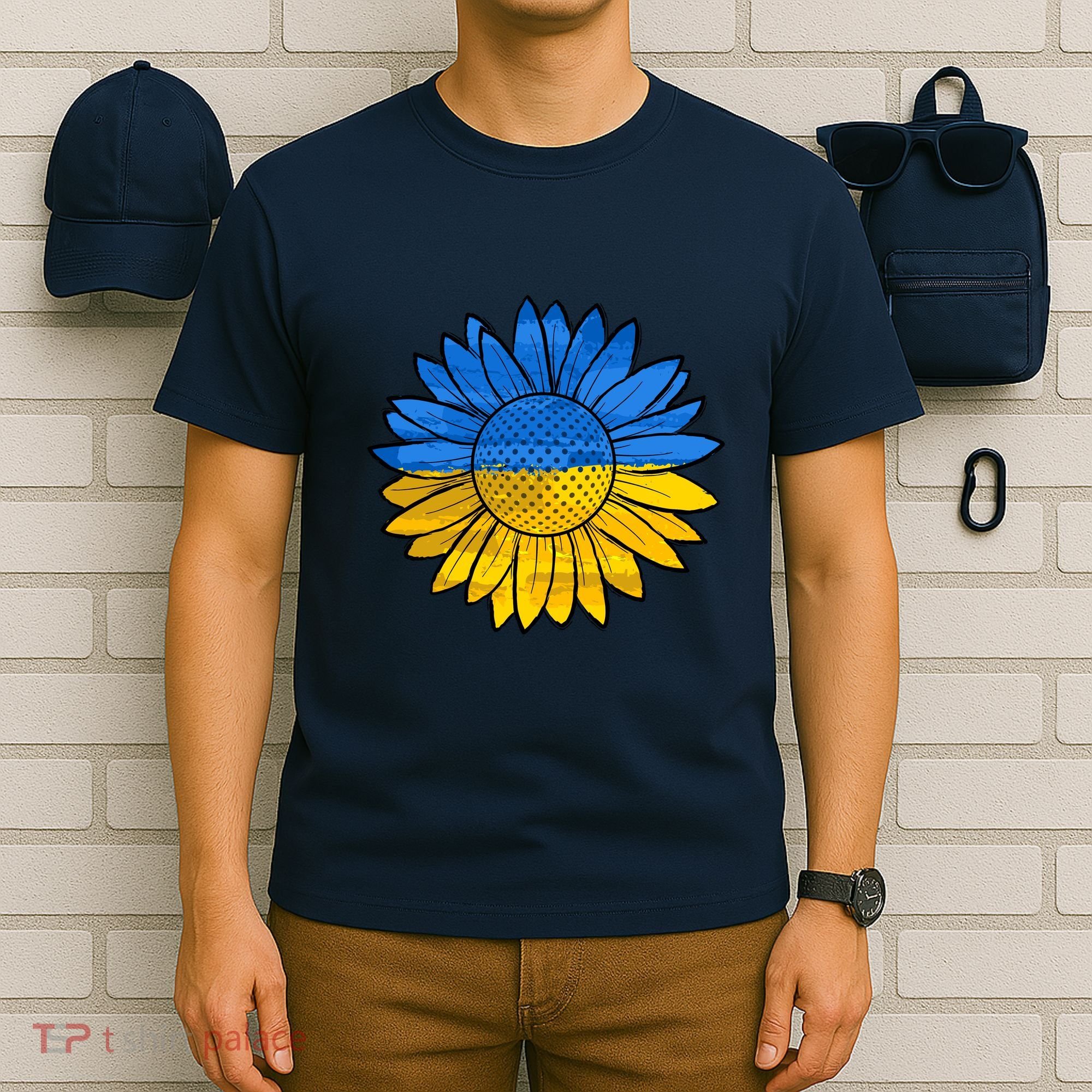 Gold & Blue Sunflower Flag Support Stand With T-Shirt
