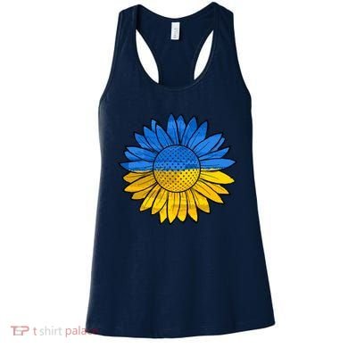 Gold & Blue Sunflower Flag Support Stand With Women's Tank Top