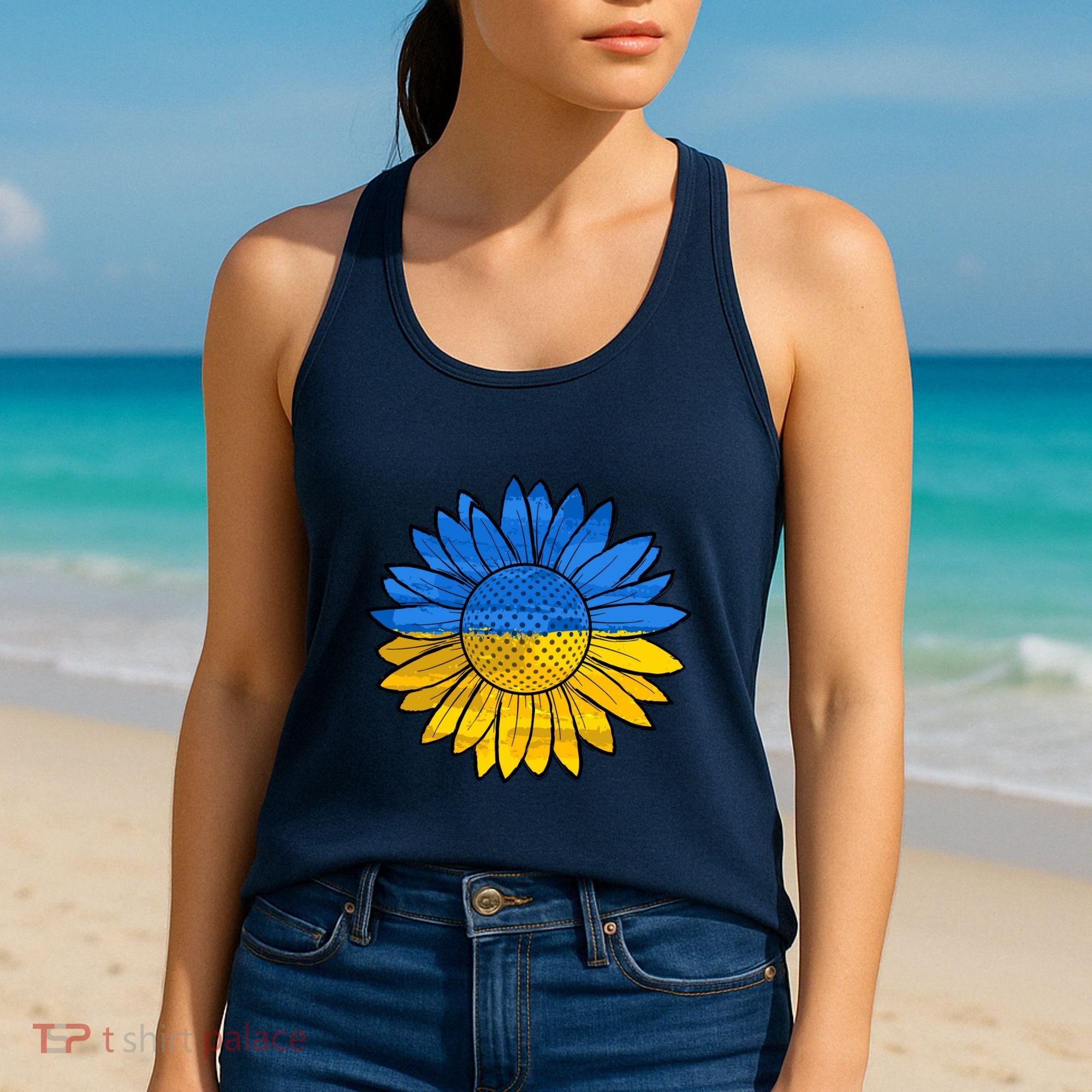 Gold & Blue Sunflower Flag Support Stand With Women's Tank Top