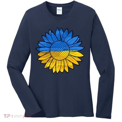 Gold & Blue Sunflower Flag Support Stand With Women's Long Sleeve Shirt