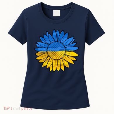 Gold & Blue Sunflower Flag Support Stand With Women's T-Shirt