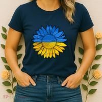 Gold & Blue Sunflower Flag Support Stand With Women's T-Shirt thumb 2