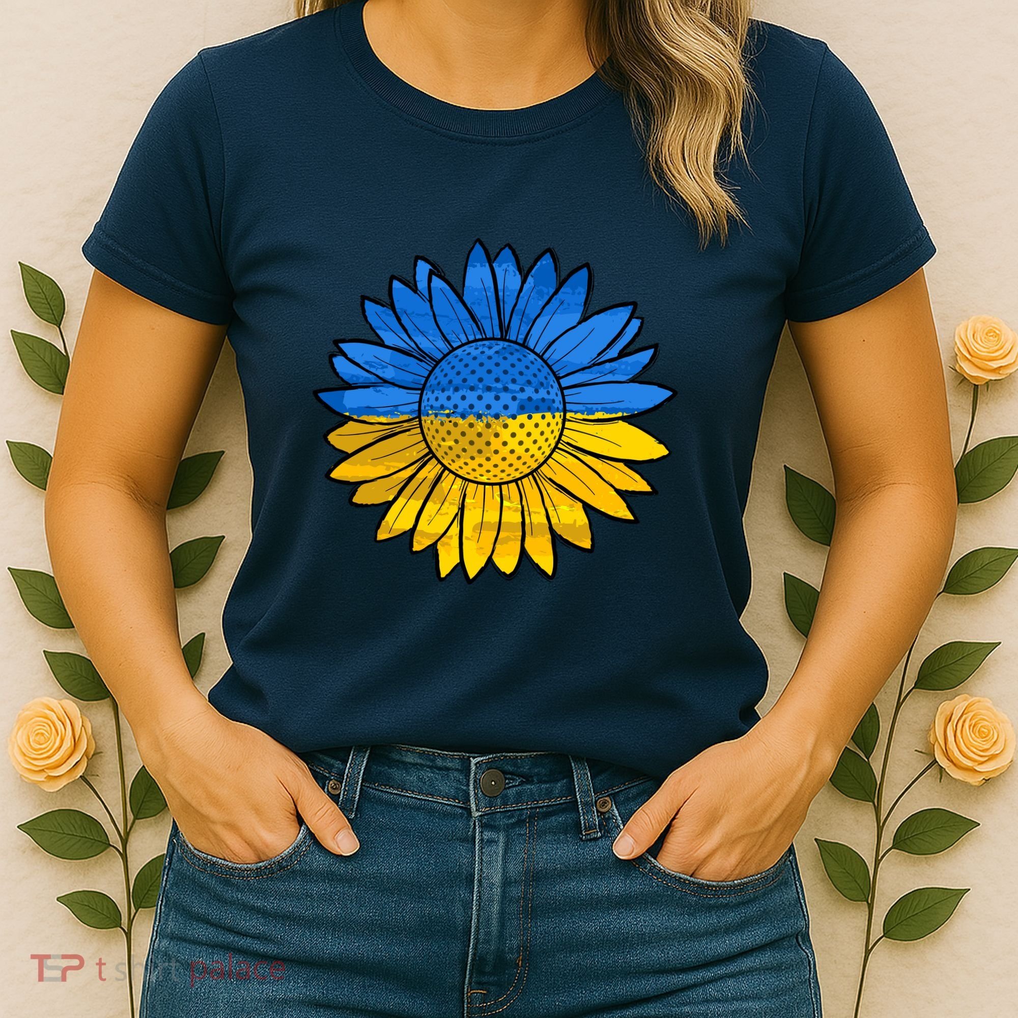 Gold & Blue Sunflower Flag Support Stand With Women's T-Shirt