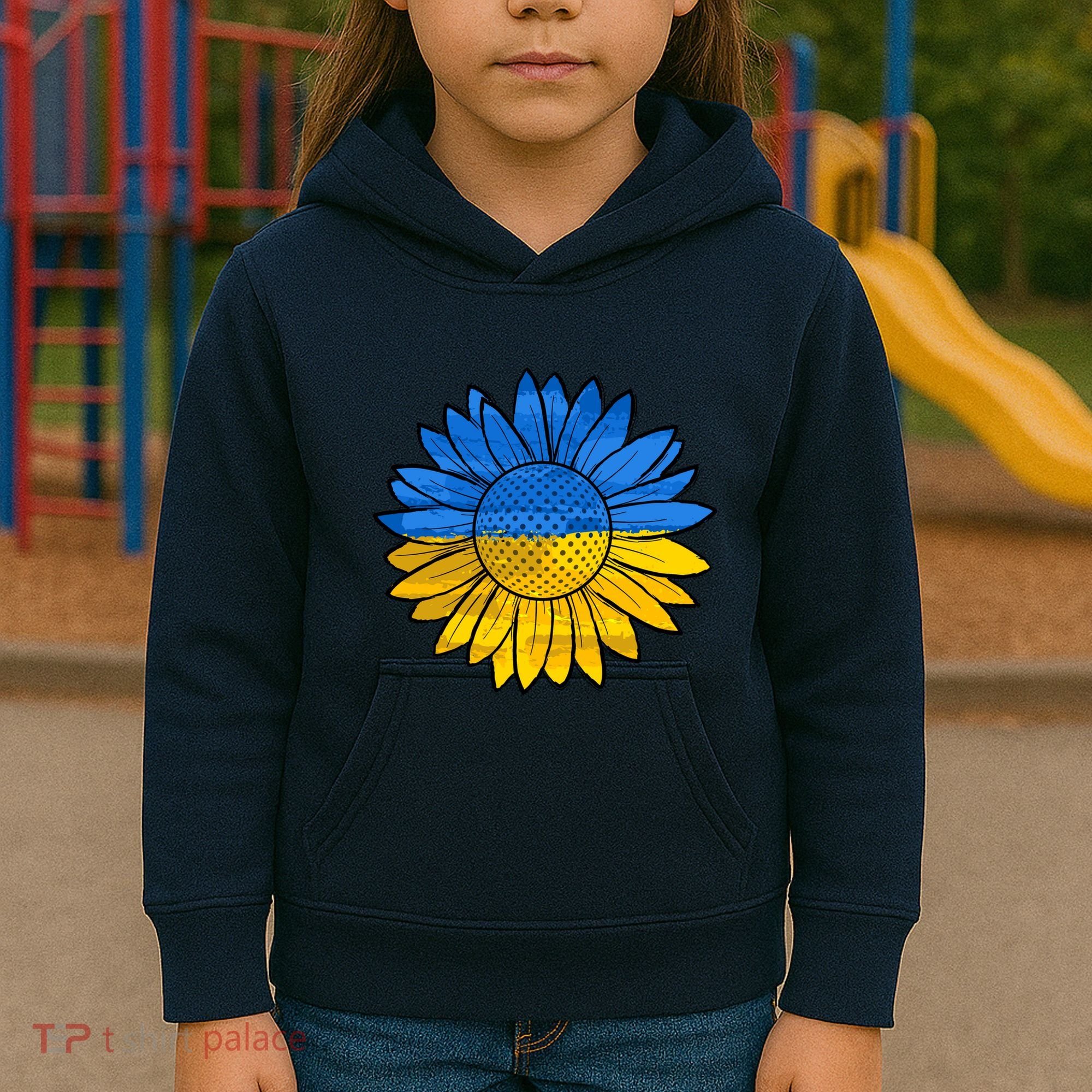 Gold & Blue Sunflower Flag Support Stand With Kids Hoodie