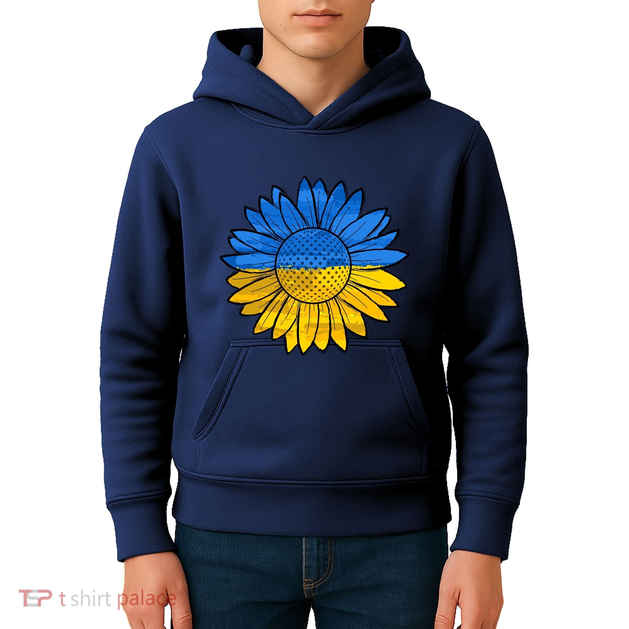 Gold & Blue Sunflower Flag Support Stand With Kids Hoodie
