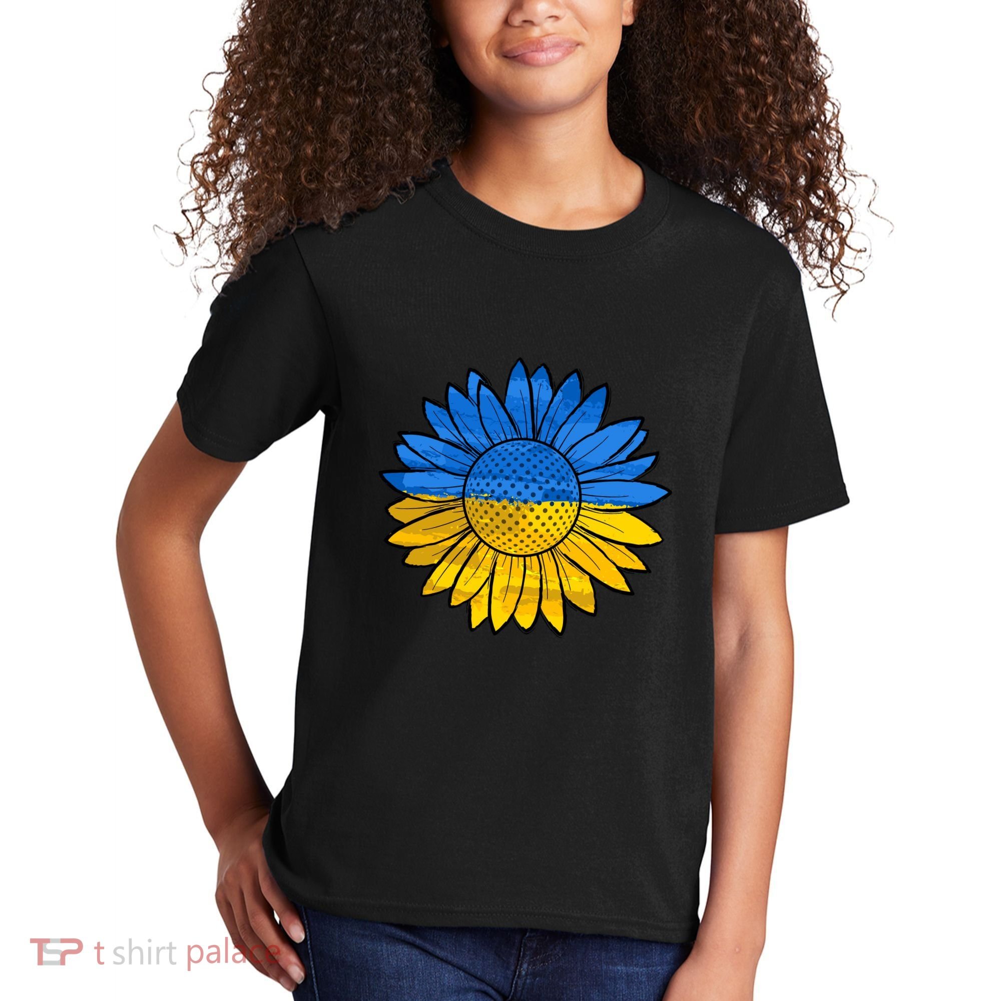 Gold & Blue Sunflower Flag Support Stand With Kids T-Shirt