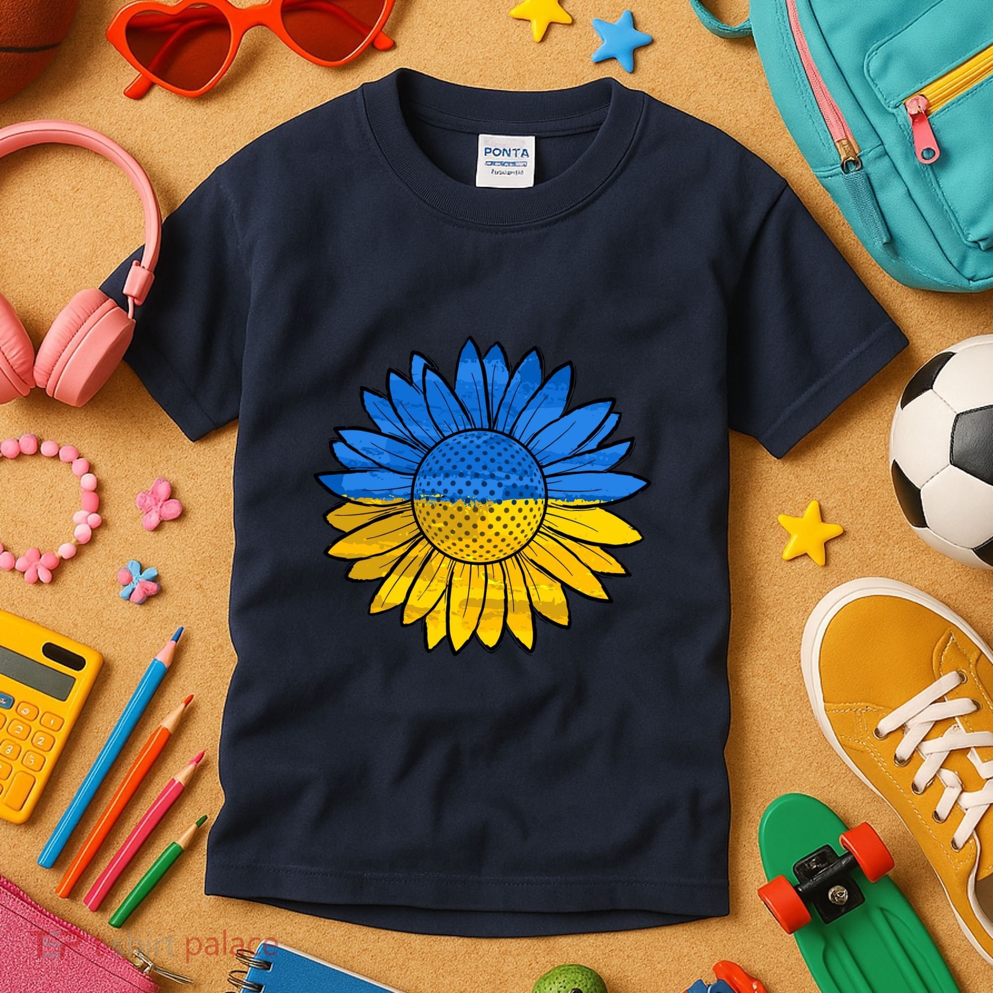 Gold & Blue Sunflower Flag Support Stand With Kids T-Shirt