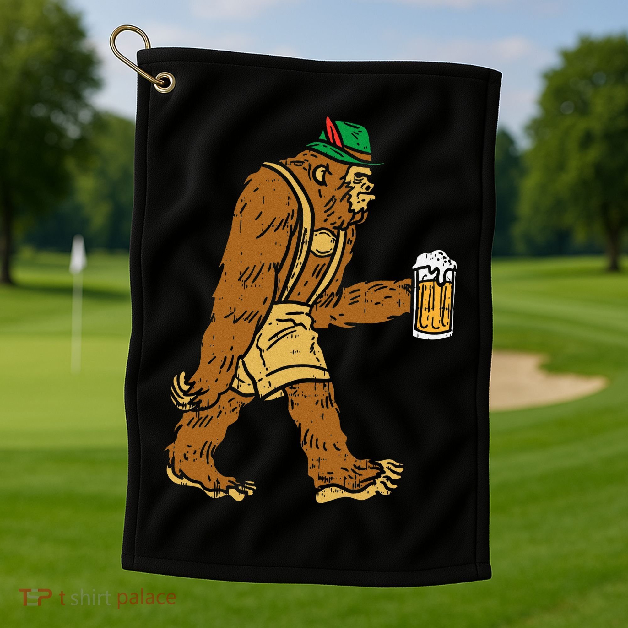 German Bigfoot Sasquatch Beer Lederhose Funny Oktoberfest Golf Towel