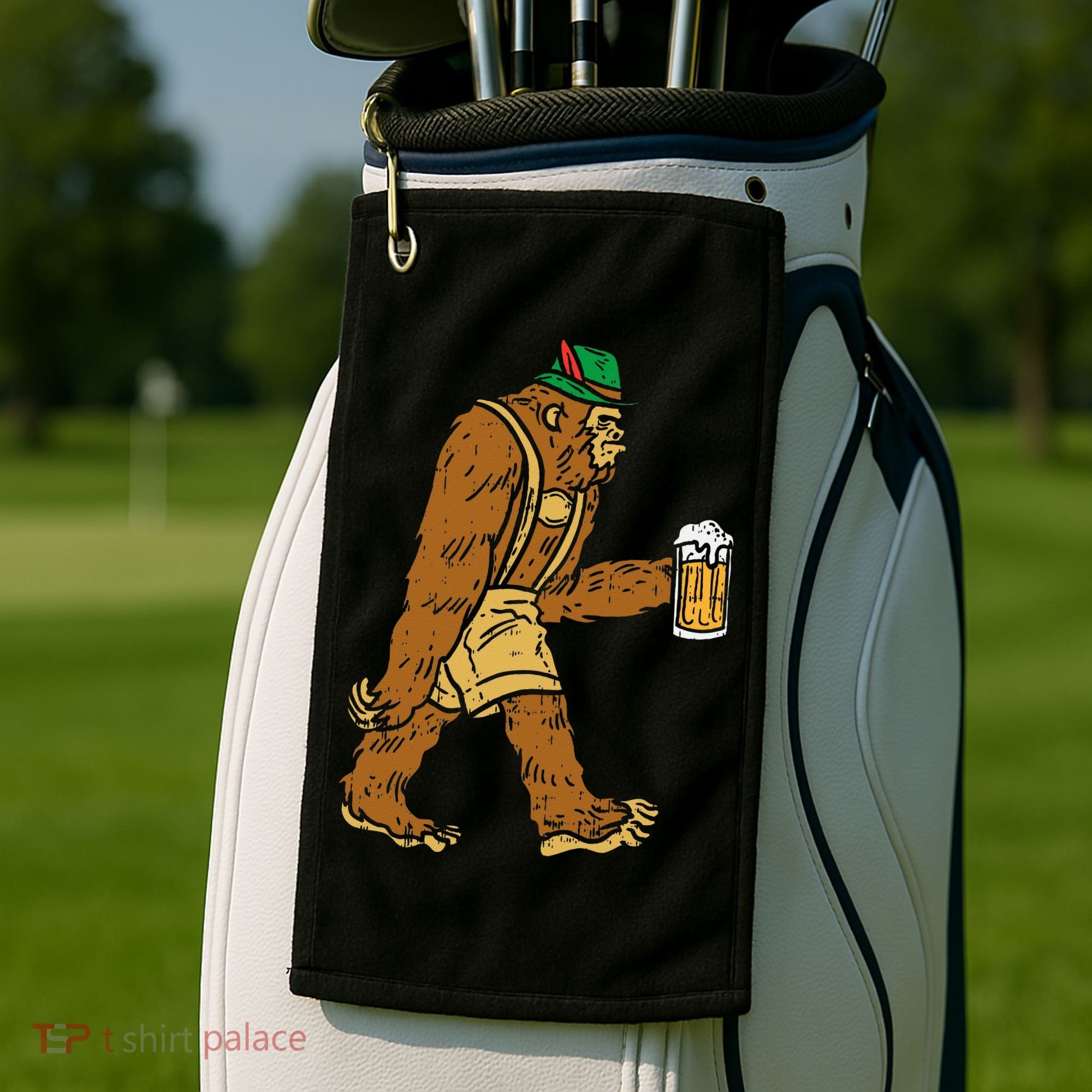 German Bigfoot Sasquatch Beer Lederhose Funny Oktoberfest Golf Towel