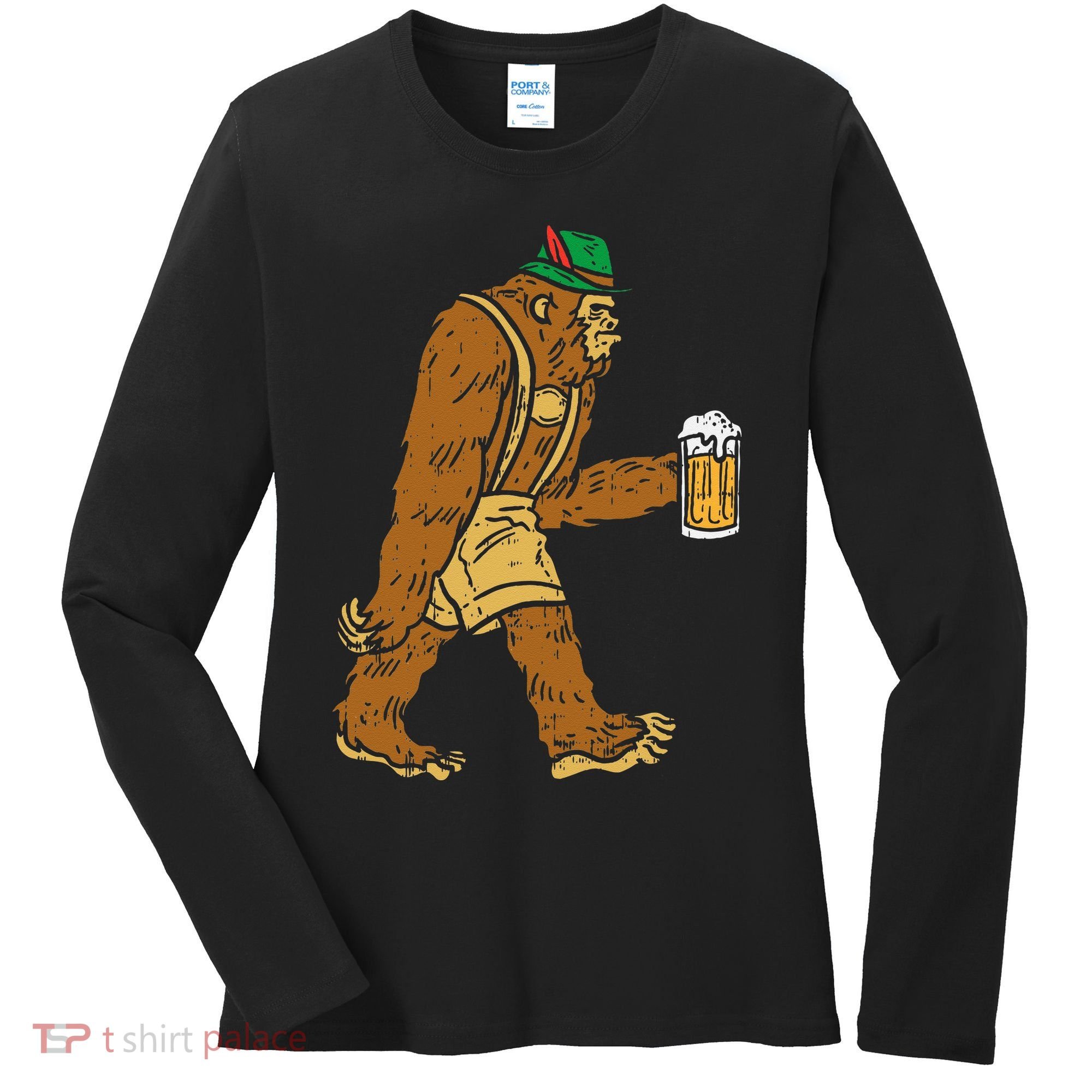 German Bigfoot Sasquatch Beer Lederhose Funny Oktoberfest Women's Long Sleeve Shirt
