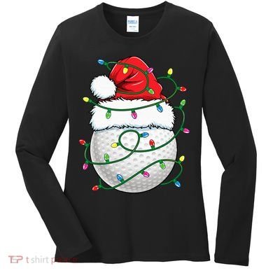 Golf Ball Santa Hat S Christmas Golfing Xmas Lights Women's Long Sleeve Shirt