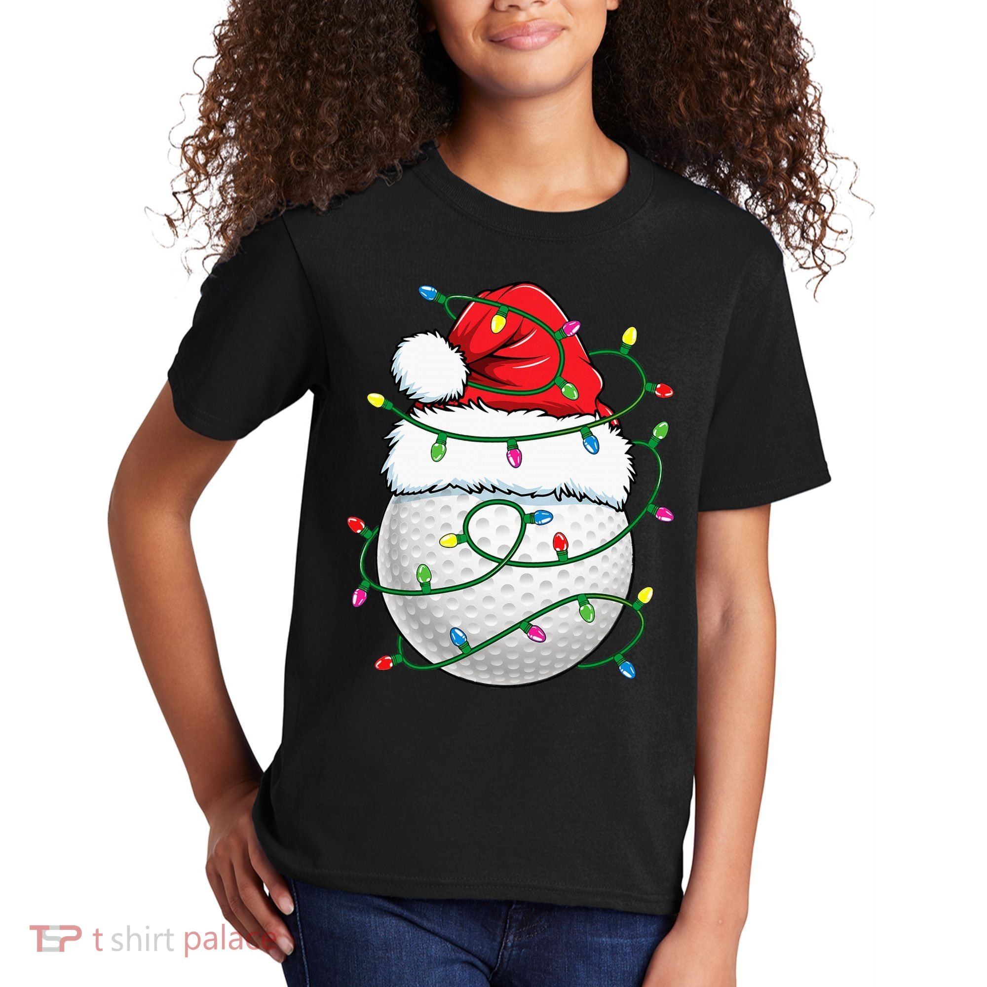 Golf Ball Santa Hat S Christmas Golfing Xmas Lights Kids T-Shirt