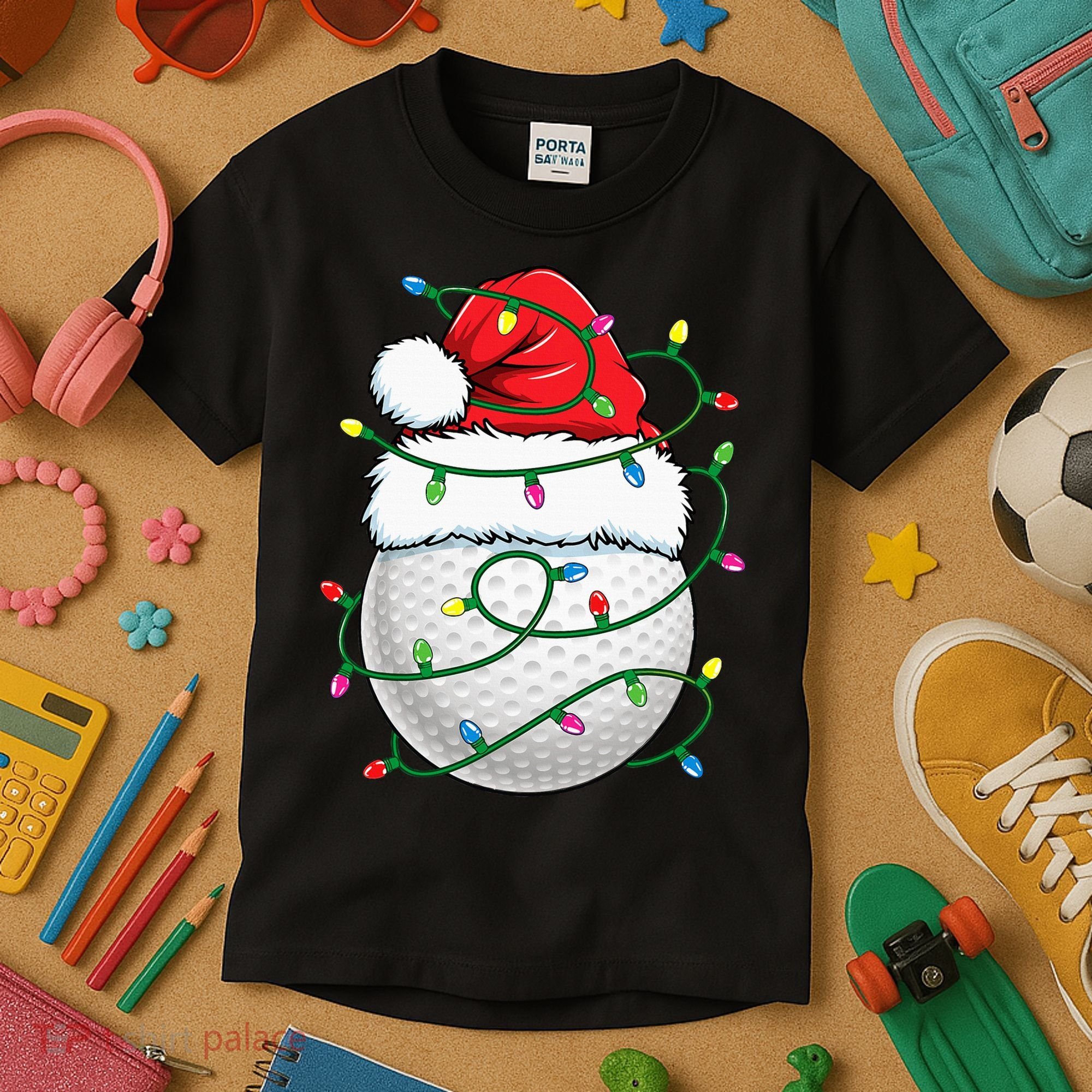 Golf Ball Santa Hat S Christmas Golfing Xmas Lights Kids T-Shirt