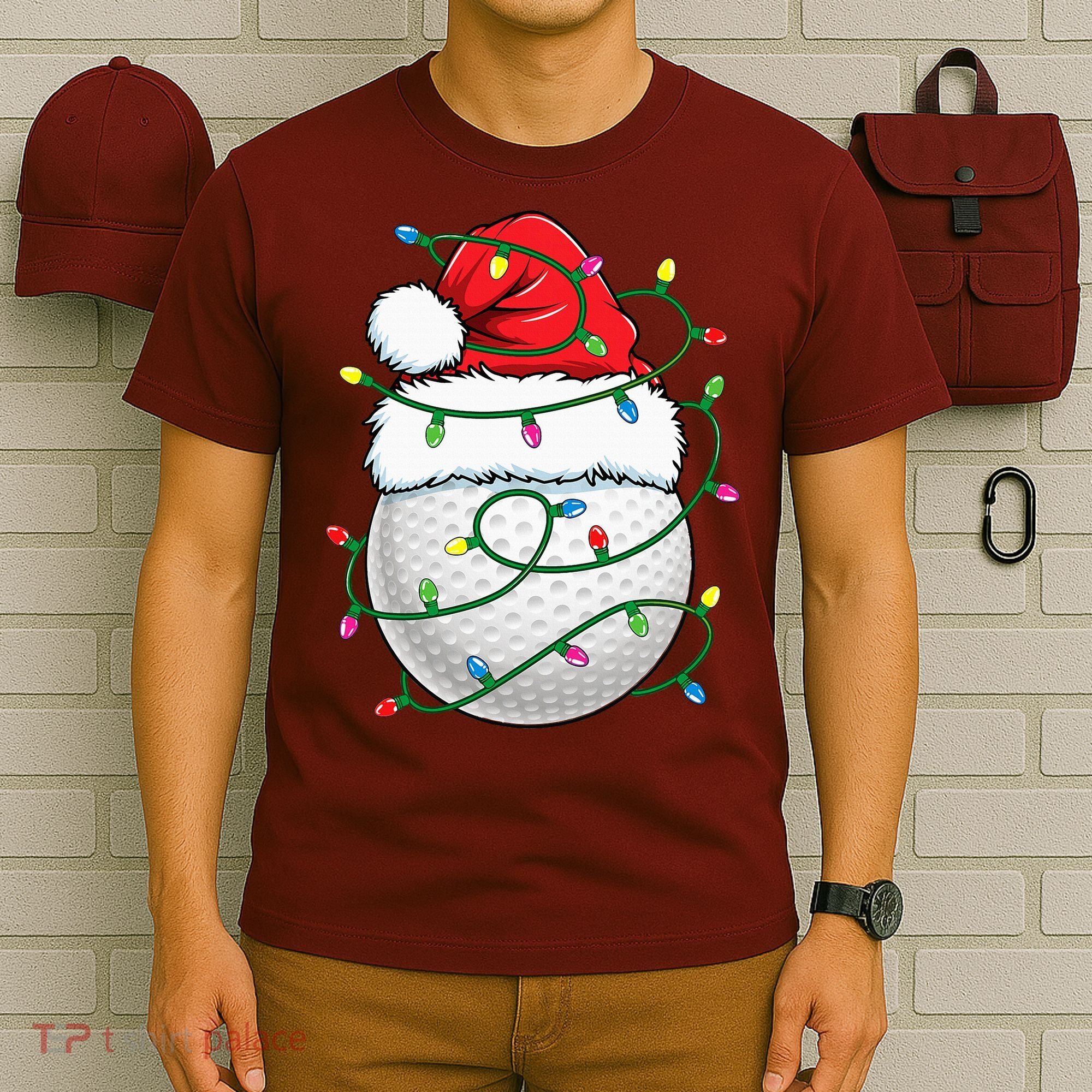 Golf Ball Santa Hat S Christmas Golfing Xmas Lights T-Shirt