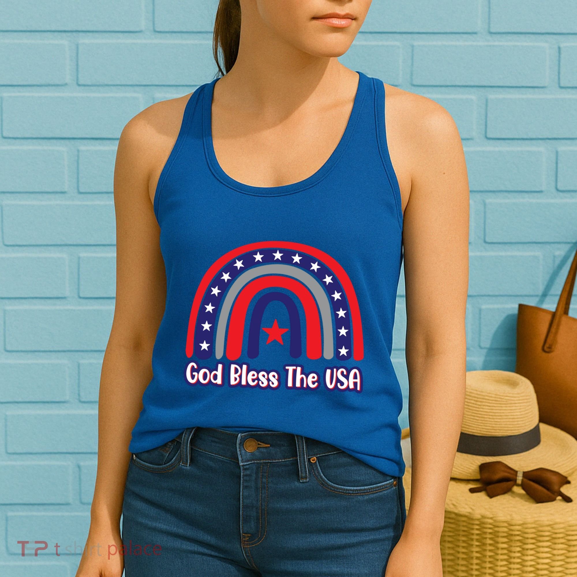 God Bless The Usa Red White And Blue Boho Rainbow Cute Family Funny Gift Women's Tank Top