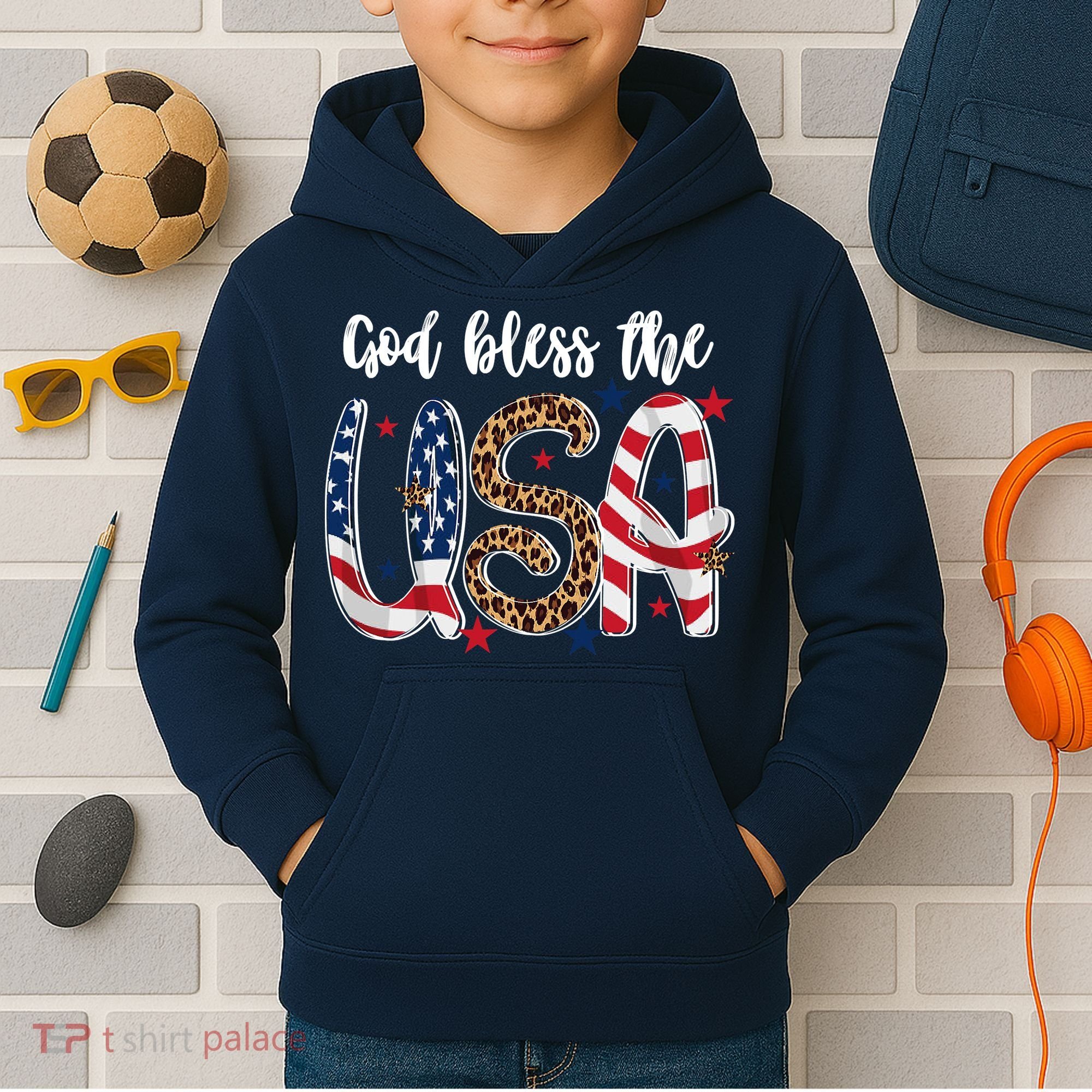 God Bless The USA American Flag Patriotic Kids Hoodie