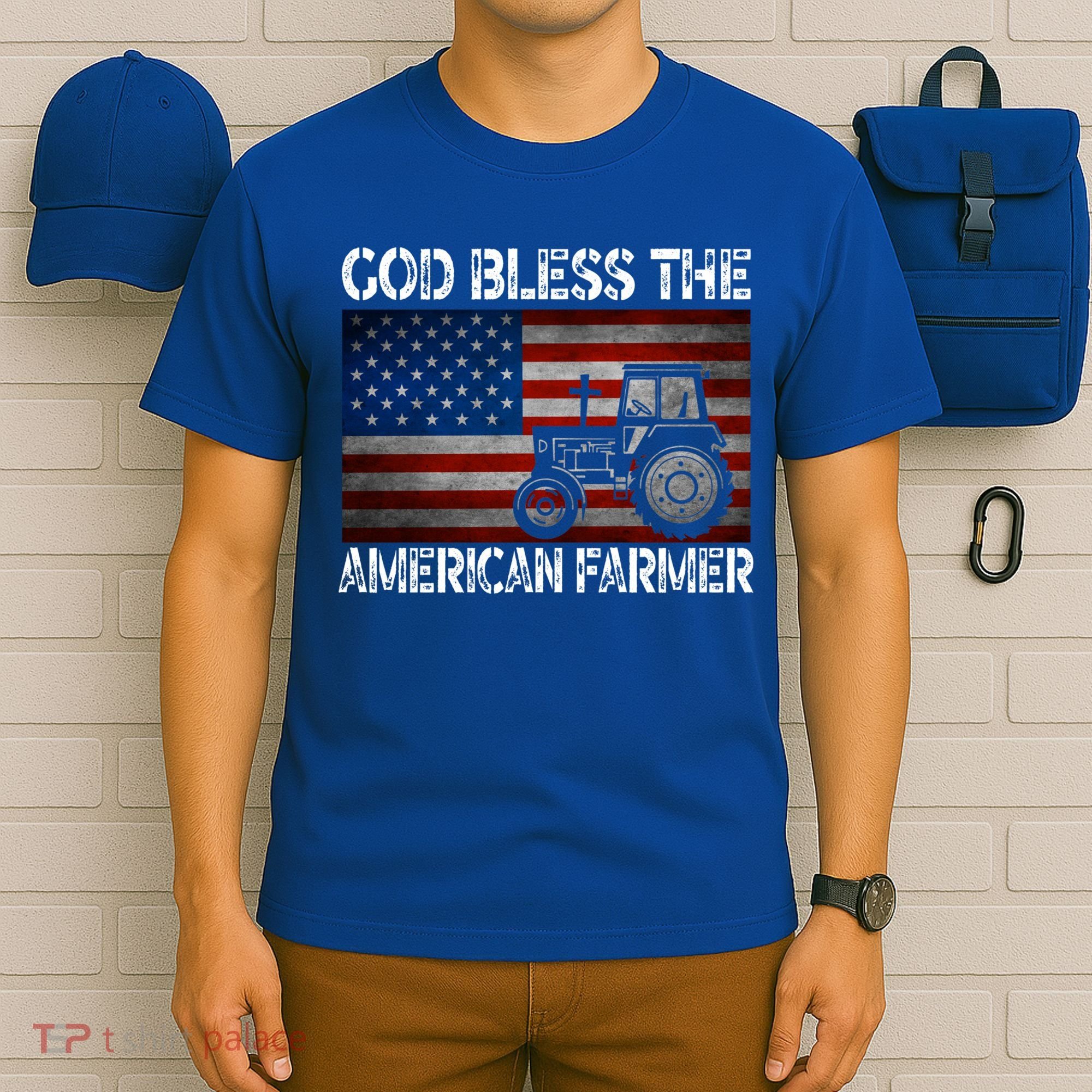 God Bless The American Farmer Usa Flag Tractor Patriotic Gift T-Shirt