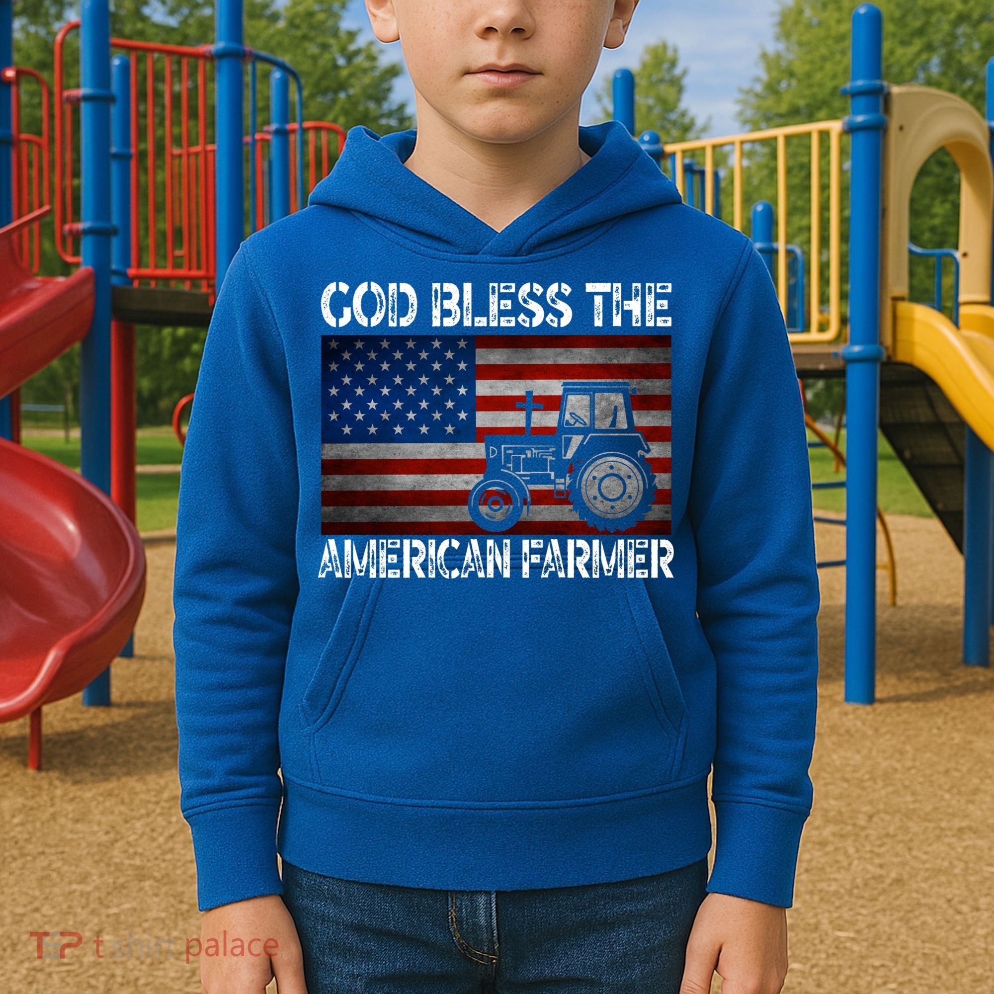 God Bless The American Farmer Usa Flag Tractor Patriotic Gift Kids Hoodie