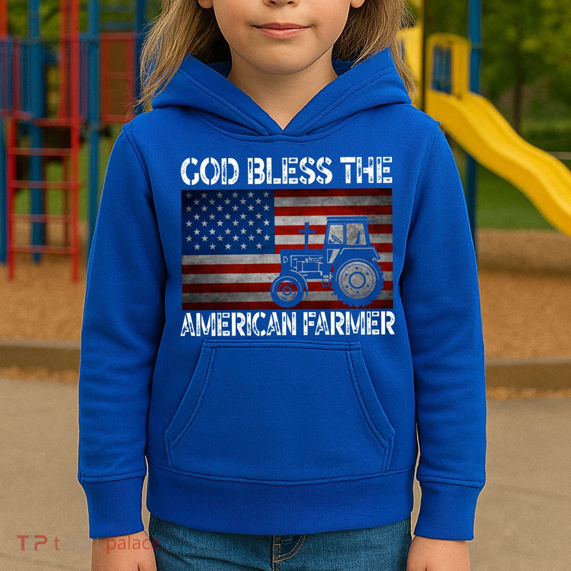 God Bless The American Farmer Usa Flag Tractor Patriotic Gift Kids Hoodie