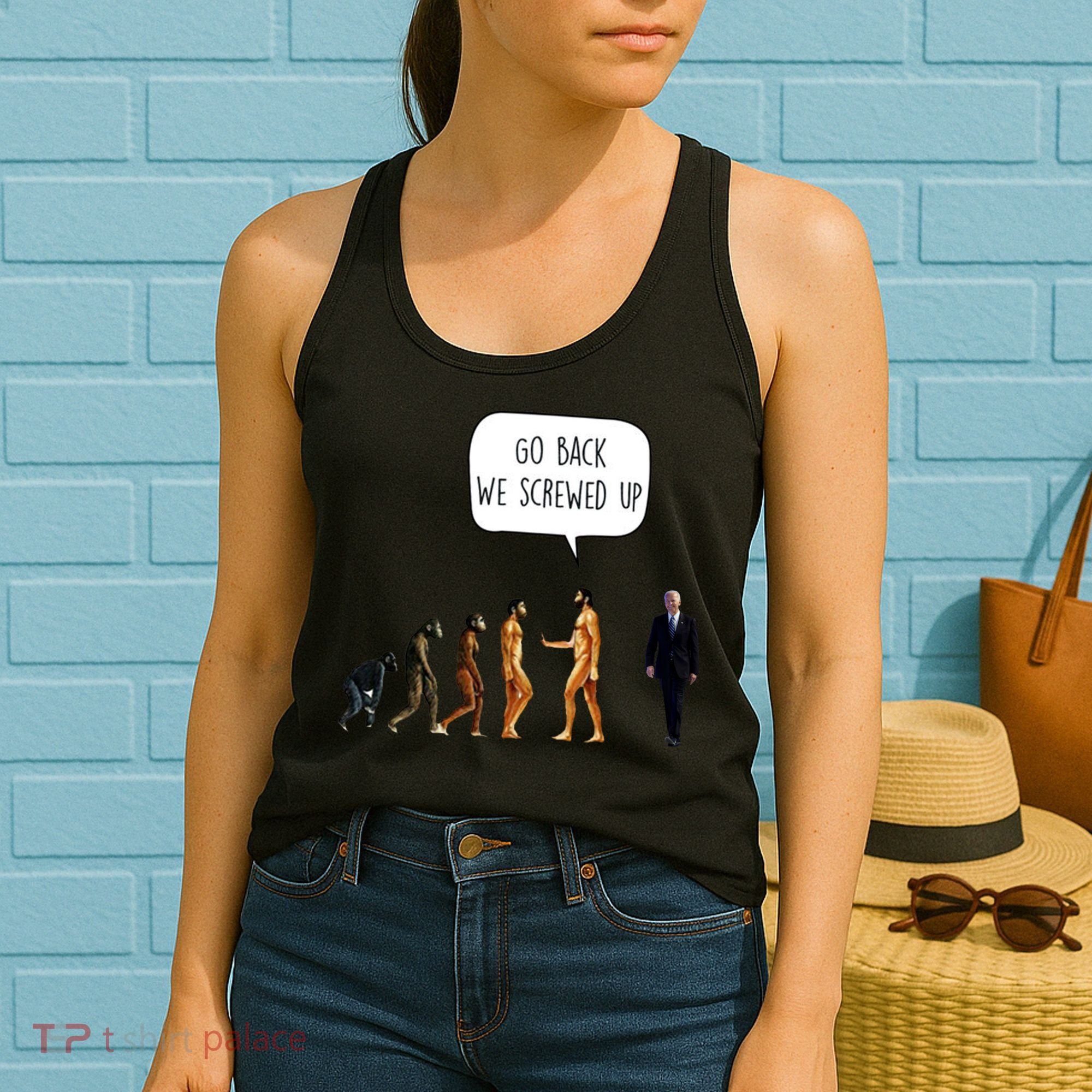Go Back We Screwed Up Funny Anti Biden Human Evolution Women's Tank Top