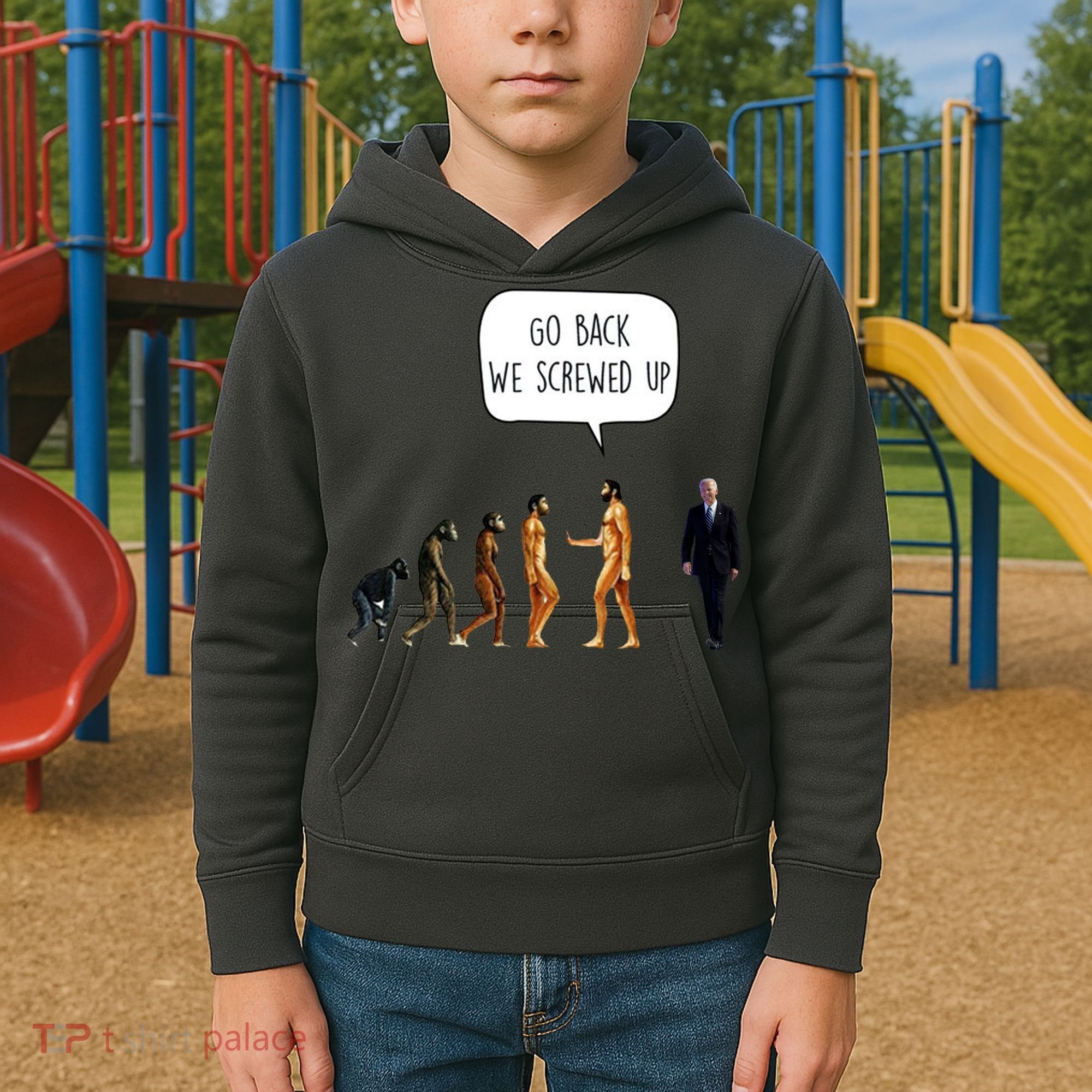 Go Back We Screwed Up Funny Anti Biden Human Evolution Kids Hoodie