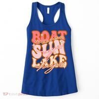 Groovy Boat Waves Sun Rays Lake Days Funny Vacation Fishing Gift Women's Tank Top thumb 0