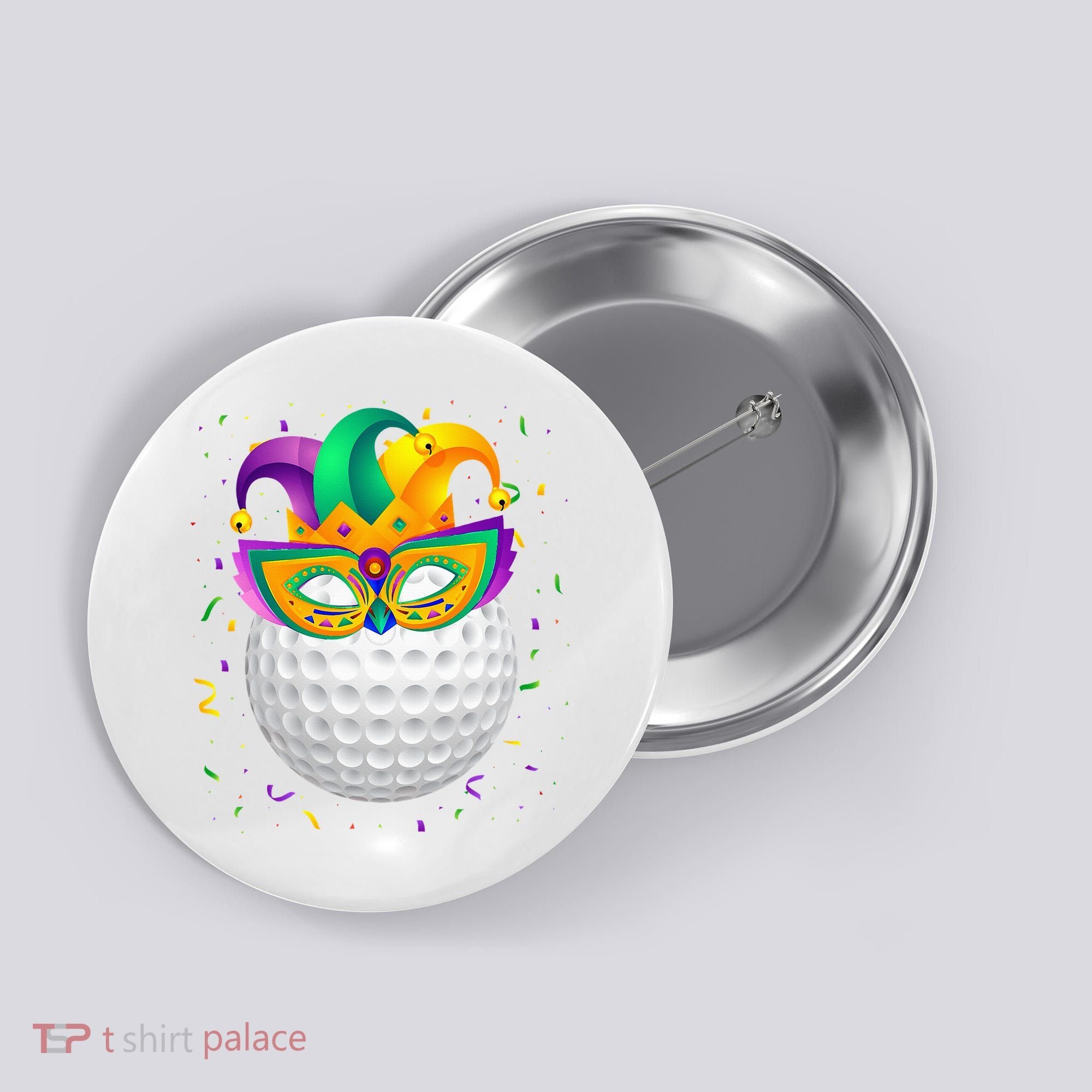 Golf Ball With Jester Hat Mardi Gras Fat Tuesday Parade Button