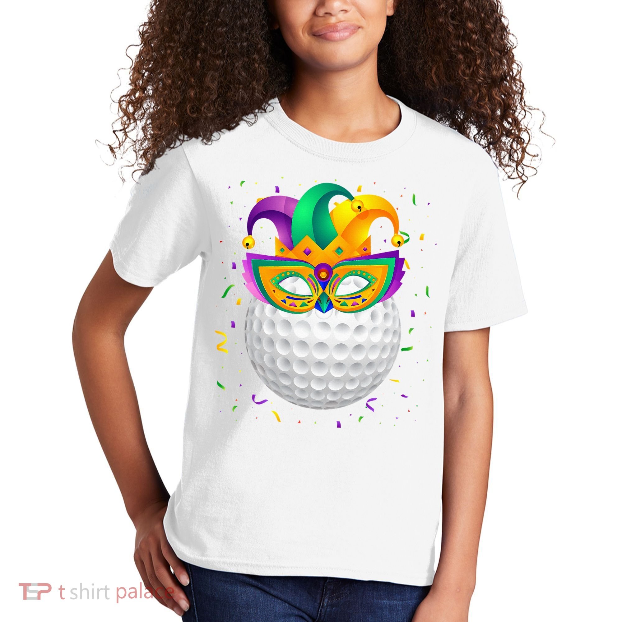 Golf Ball With Jester Hat Mardi Gras Fat Tuesday Parade Kids T-Shirt