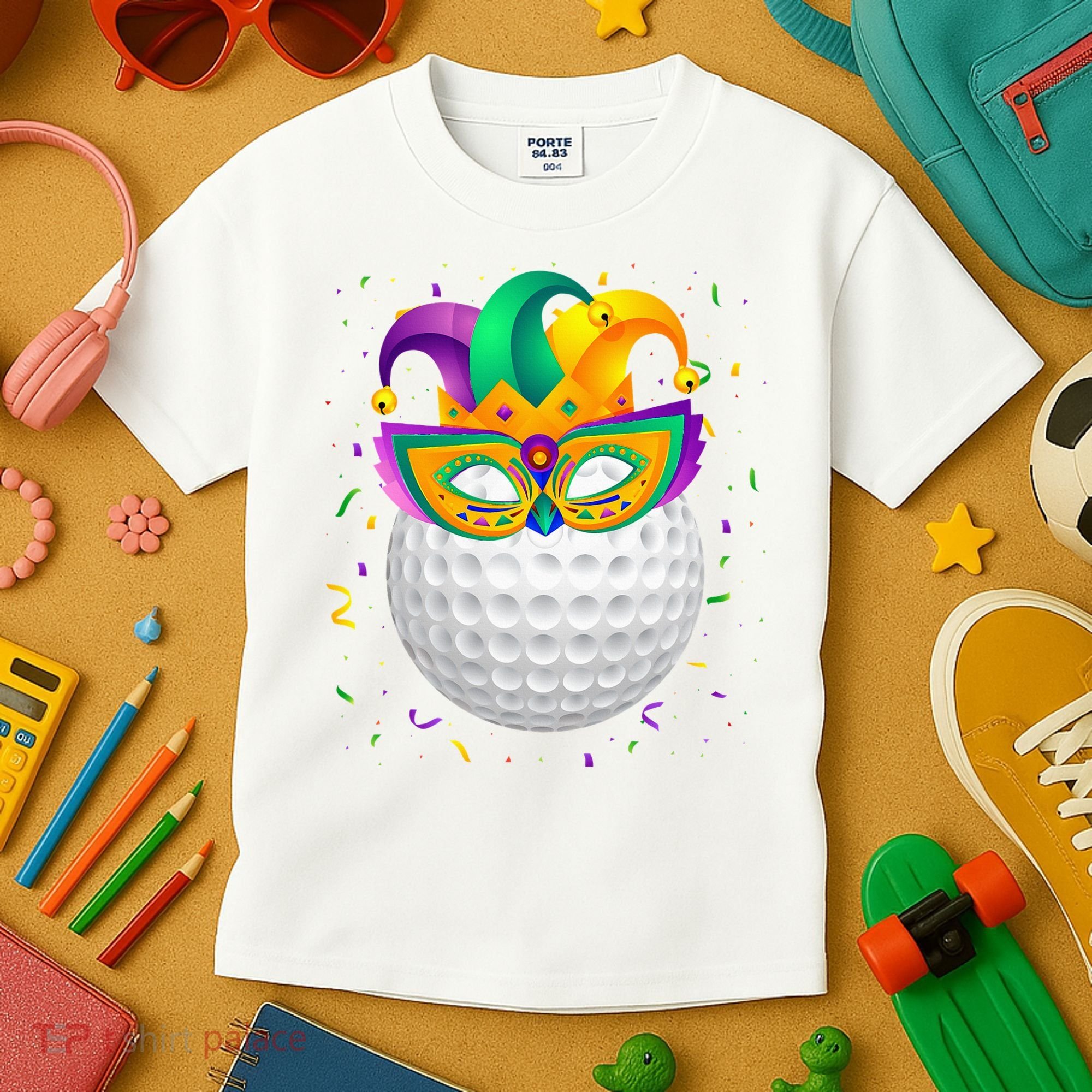 Golf Ball With Jester Hat Mardi Gras Fat Tuesday Parade Kids T-Shirt